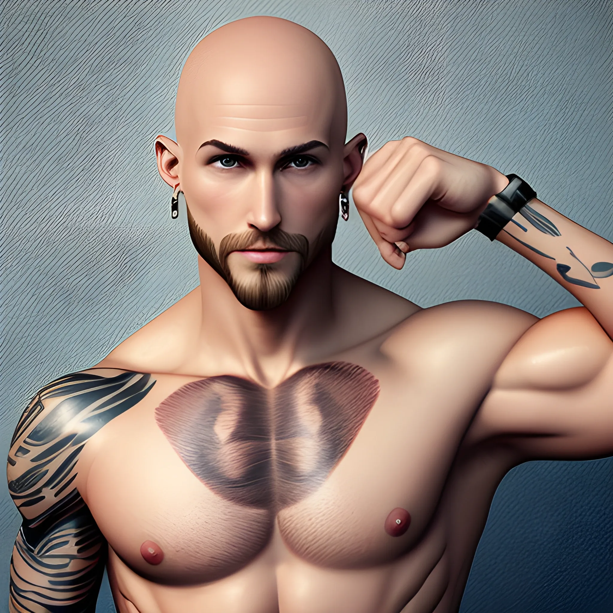 Fit dude, bald head, short beard and earrings, 3D. No mustache. Nude Shoulder tattoo