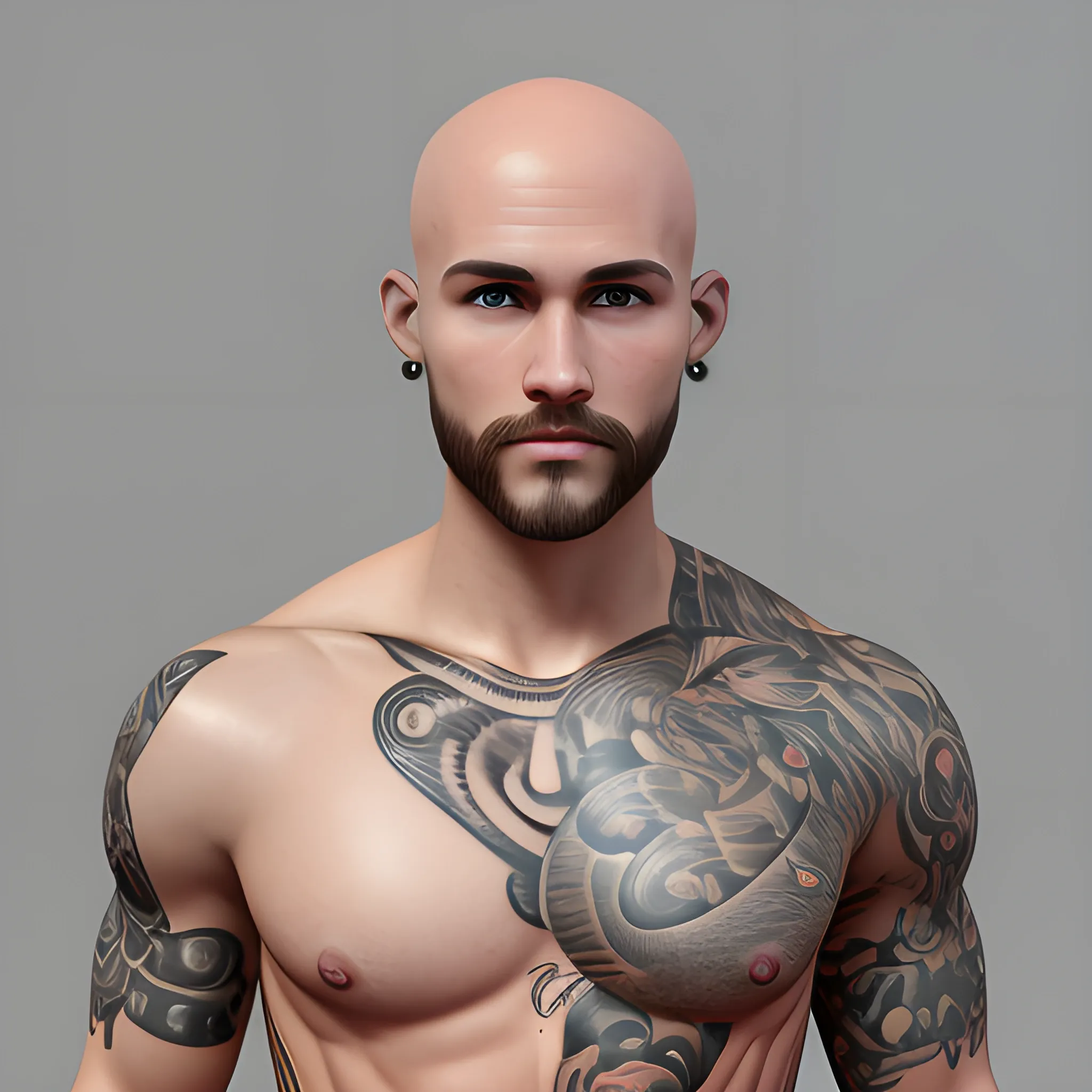 Fit dude, bald head, short beard and earrings, 3D. No mustache. Nude shoulder tattoo