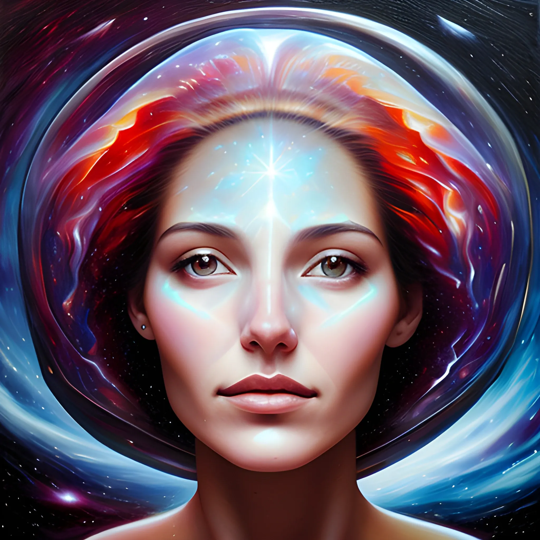 Interstellar nebula, beautiful woman head covered by nebula, Oil Painting, 3D