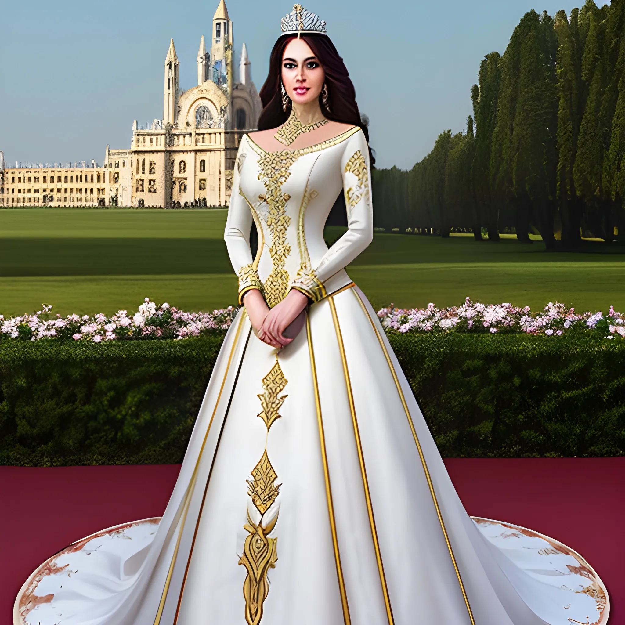 A charming young queen styled with long hair and elegant outfit with palatial buildings in the background