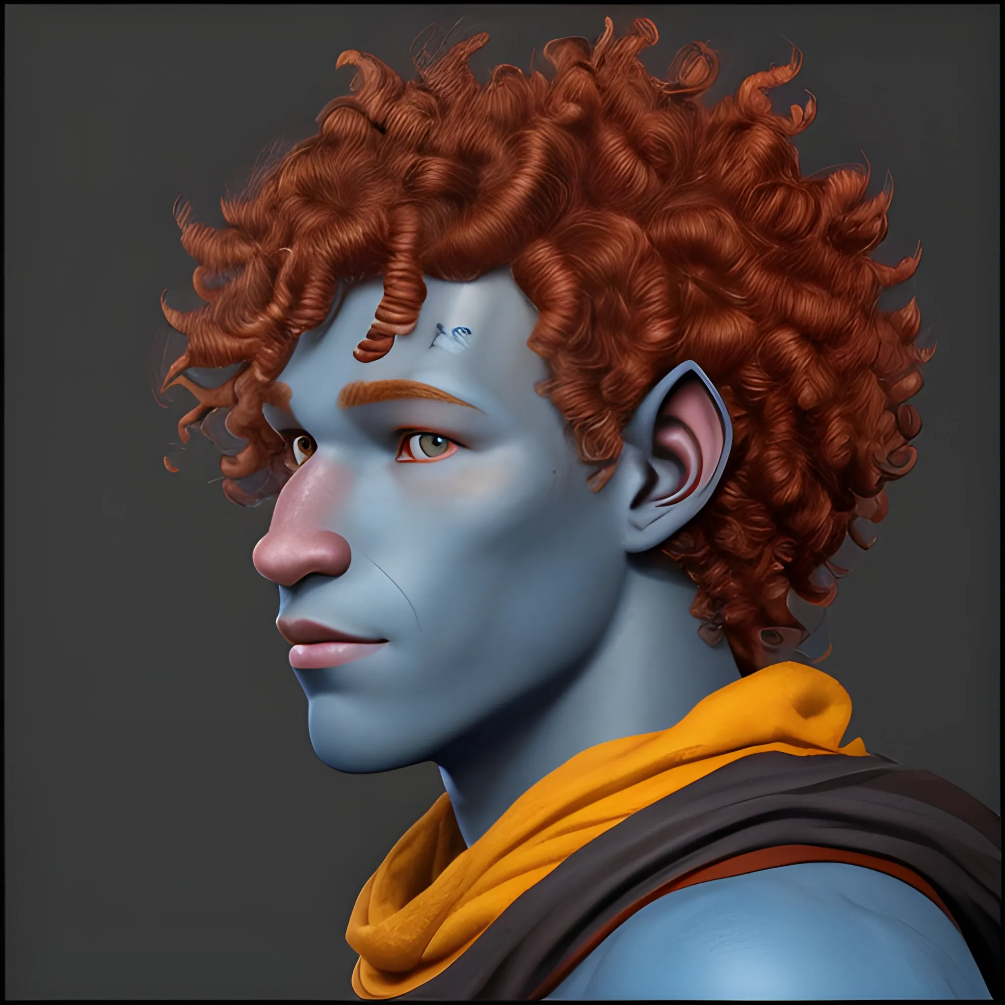 realistic Face profile of a dark blue skinned 19 year old male firbolg, with vibrate red clean curly hair, with a tender face and with yellow eyes