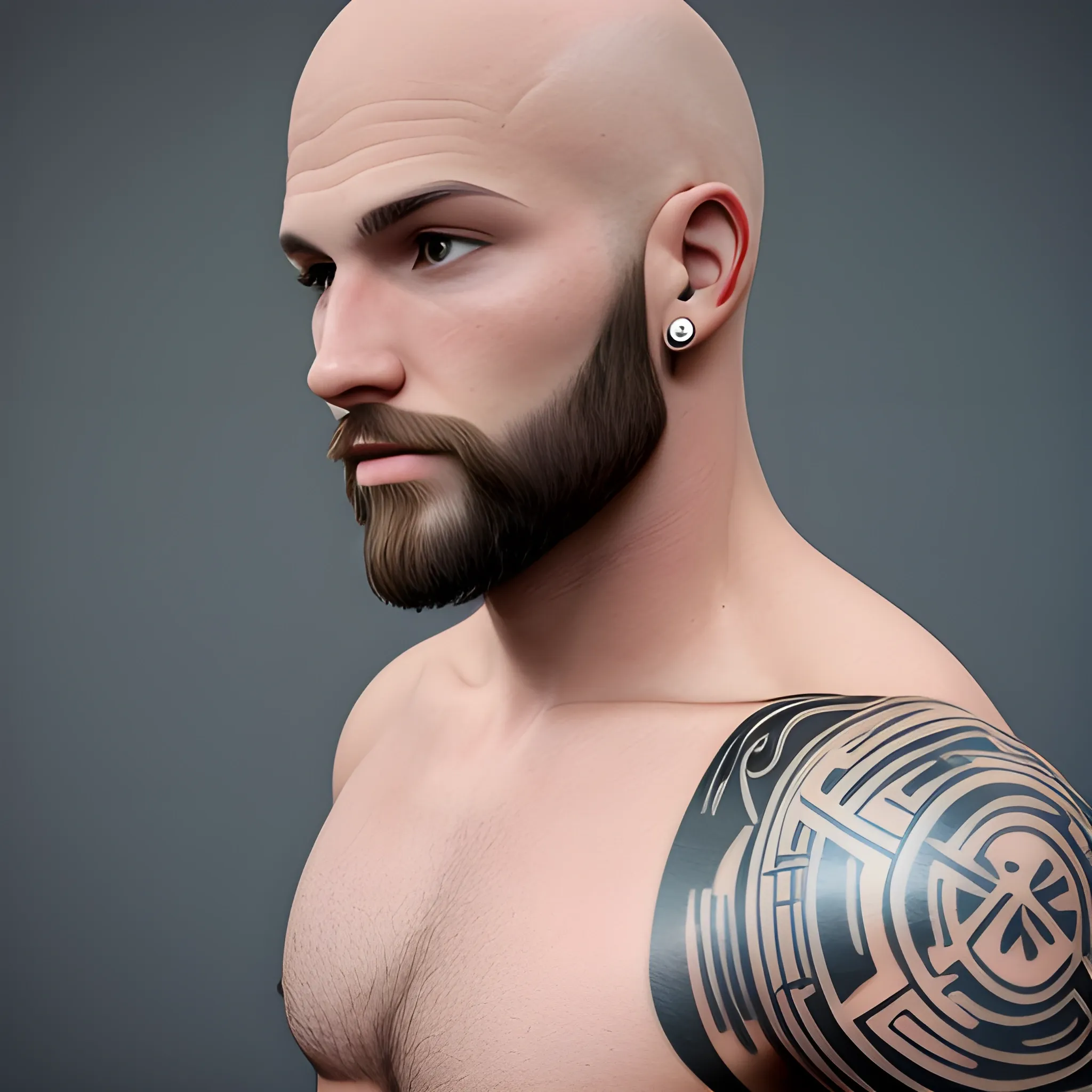 Fit dude, bald head, short beard and ear piercing, 3D. No mustache. Nude shoulder tattoo