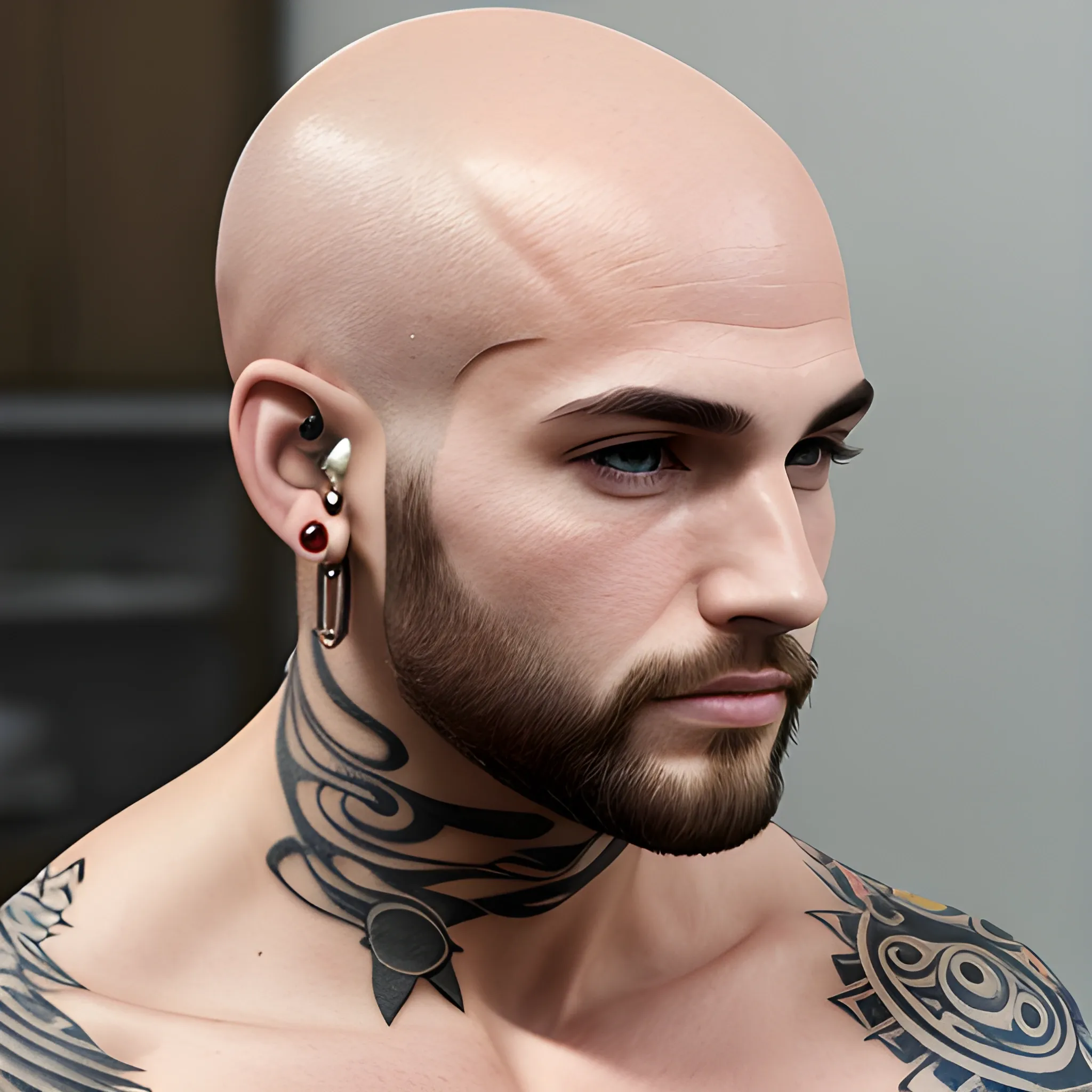 Fit dude, bald head, short beard and ear piercing, 3D. Nude shoulder maorí tattoo