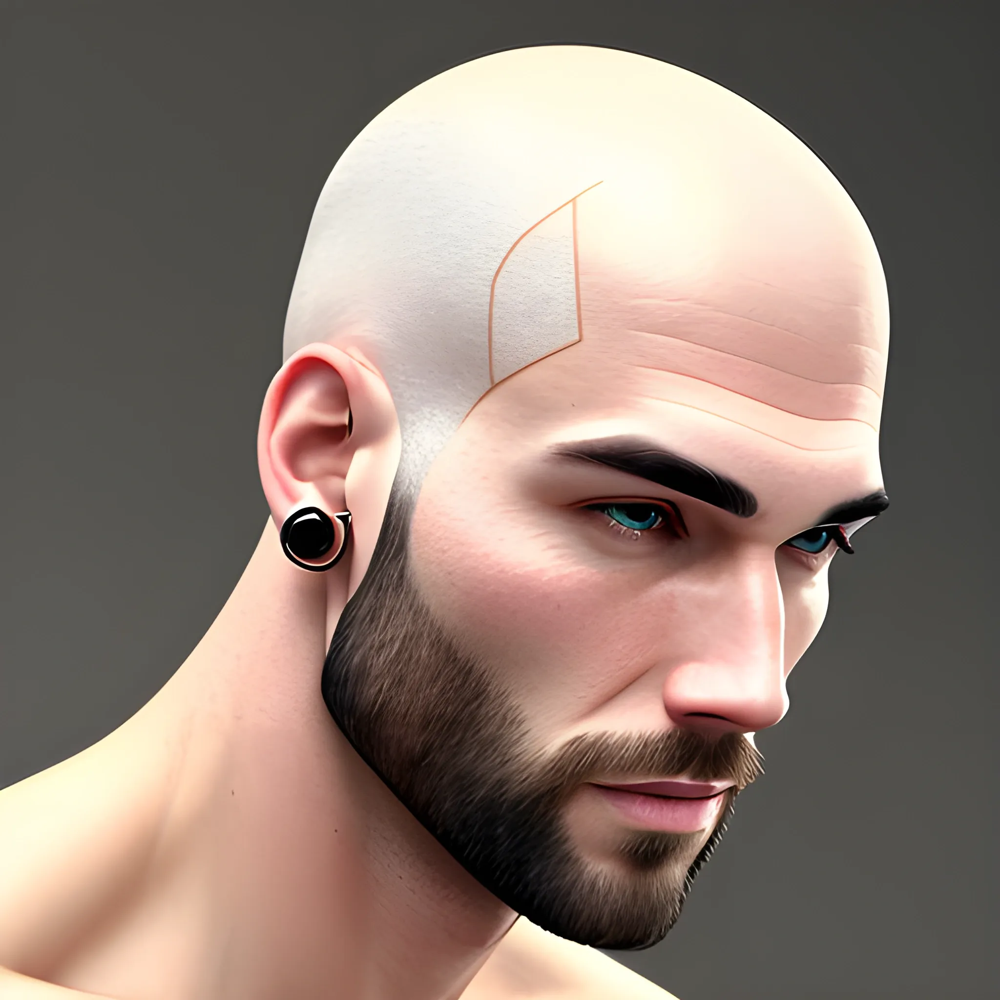 Fit white man bald head with beard and little earrings, 3D