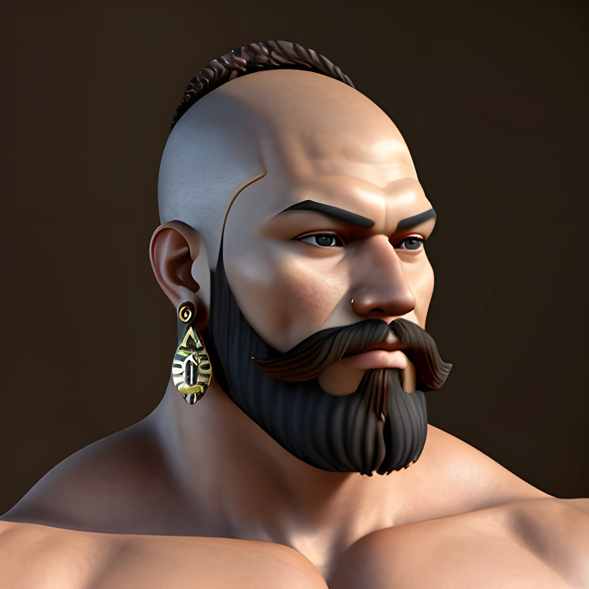 big muscular latin warrior king bald head with beard and earrings, 3D