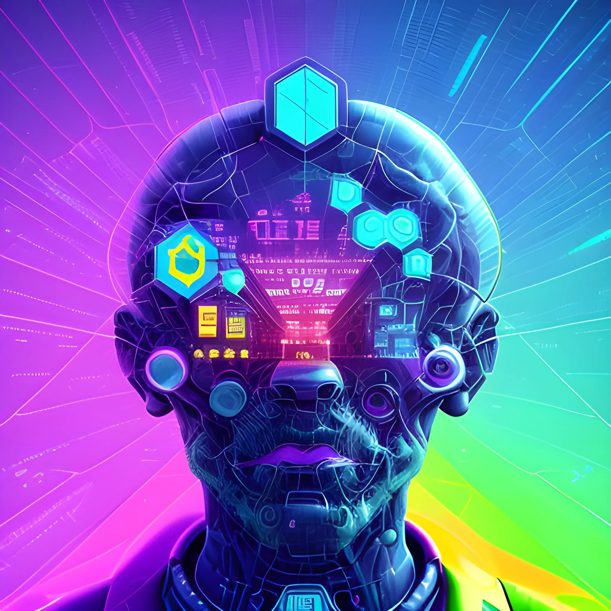 generate a corporative, future, colorful, modern image with this concept: The thing from the future, Trippy, related to digital products. do not use machines. Use really envirment. Do not use text