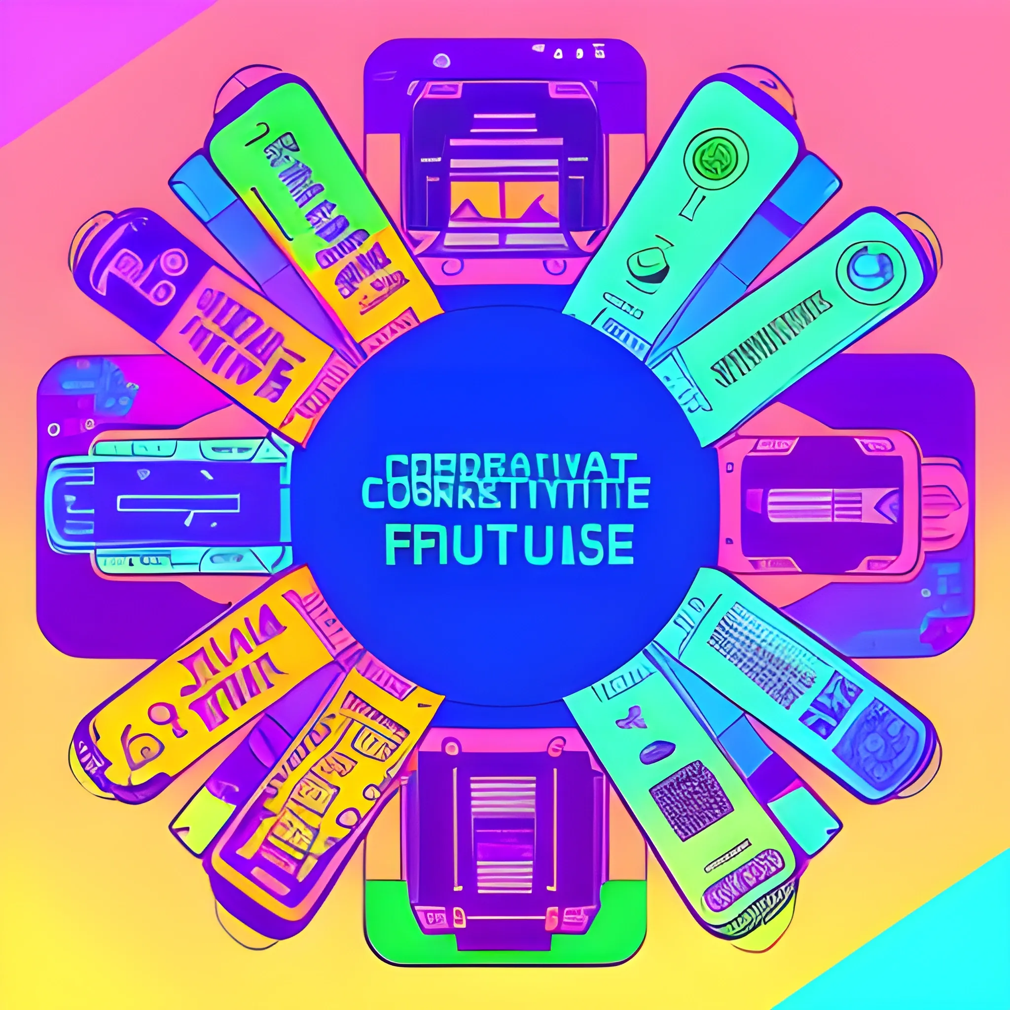 Generate a corporative, future, colorful, modern image, trippy, related to digital products, do not use machines or txt and use really environment, with this concept: “the future are diverse”, Cartoon