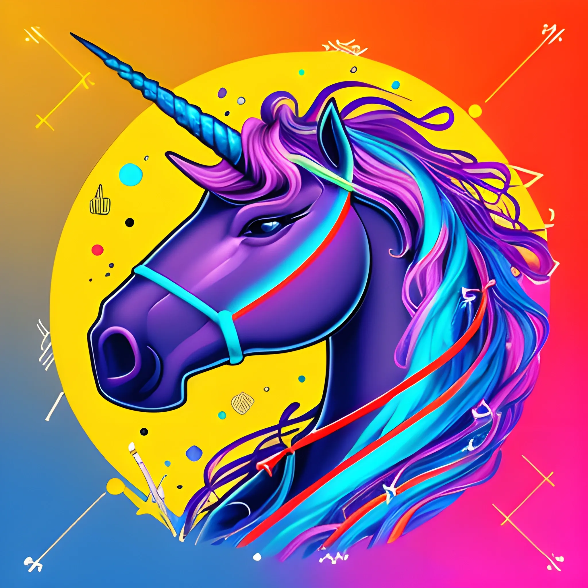 "Imagine a futuristic profile unicorn with features of a serious and creative businessman as a symbol of diversity and uniqueness. Use a color palette dominated by shades of red and orange. It should somehow interact with a spectrum, indicating a connection with diverse elements. The unicorn should be recognizable, but also abstract and unique. Position it diagonally within the composition to create dynamism and emphasize its movement towards the future. incorporate futuristic elements such as circuits or pulsating lights, and add elements of a business outfit (such as a tie or briefcase) to emphasize its serious and creative nature. The overall tone should be positive and cheerful, but communicate power and resilience. The design should be in a different yet recognizable artistic style, showing uniqueness and originality.