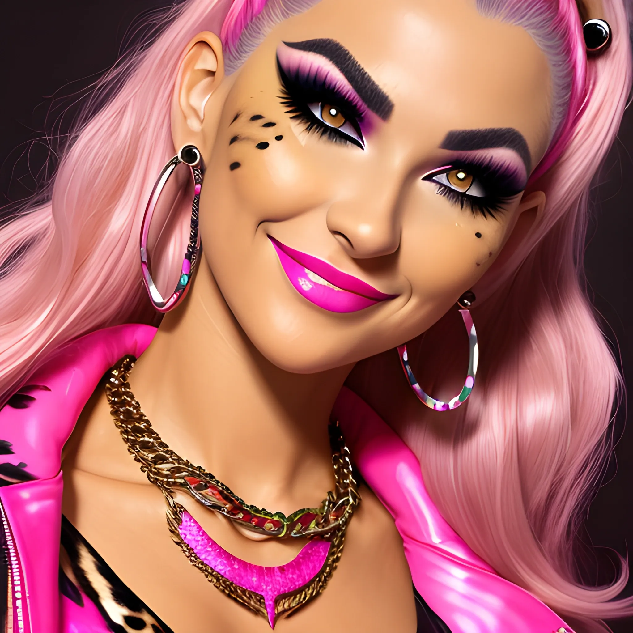  woman  smiling  chav    jewelry  necklace  fake tans     dramatic lashes,  pink  gloss makeup   applied to the lips, large, drawn-on eyebrows, and animal print clothing wear heavy chain     