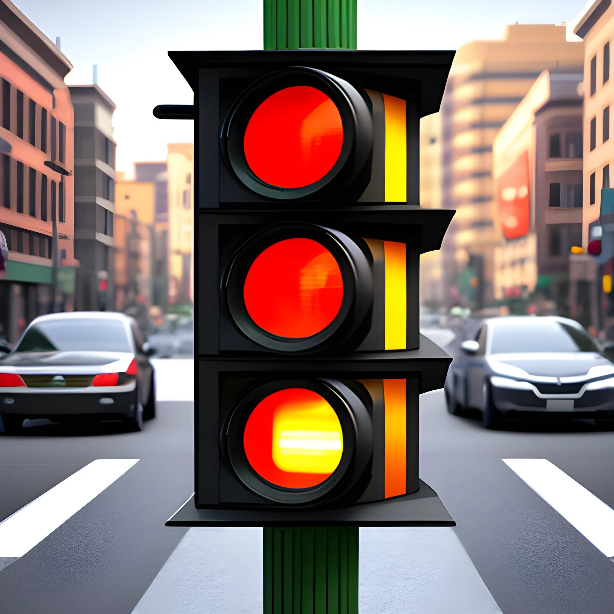 a traffic light on the busy street ,3D