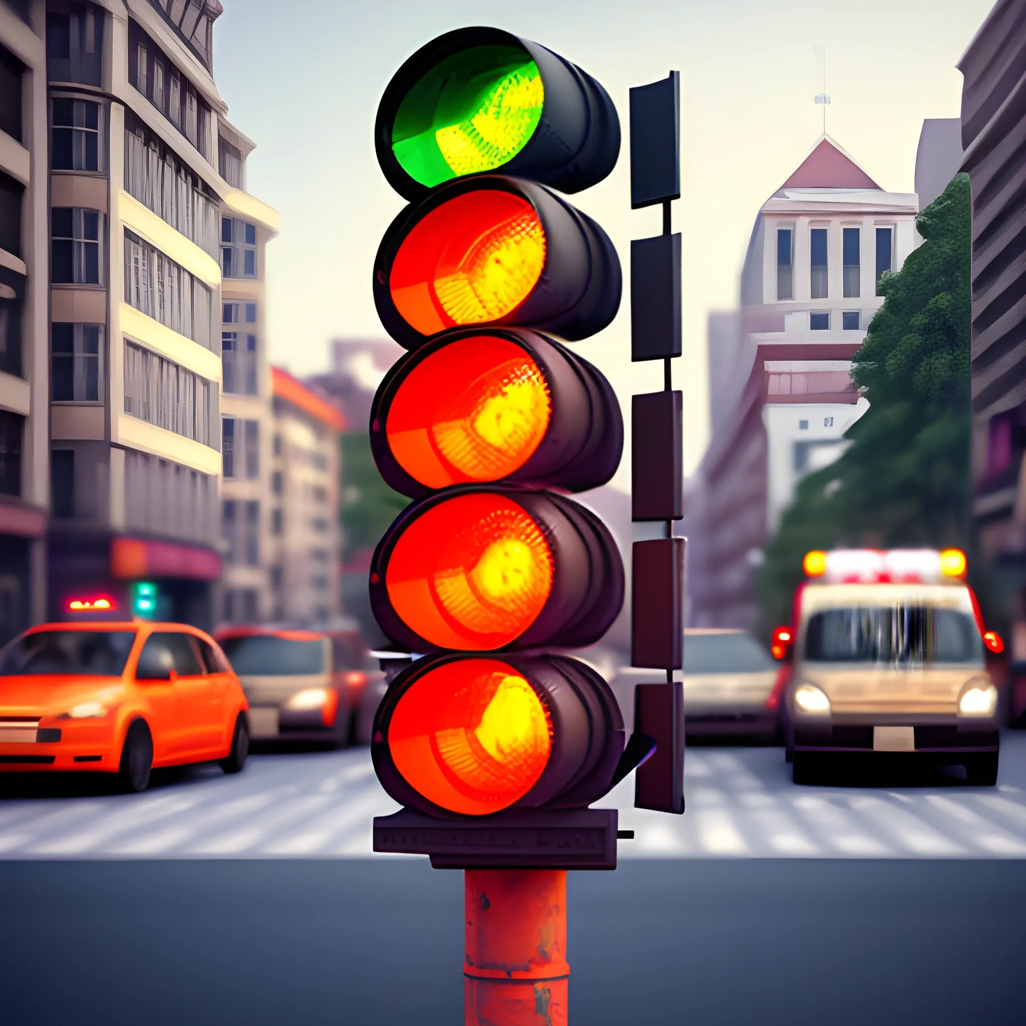 a traffic light on the busy street ,red lights flashing,3D