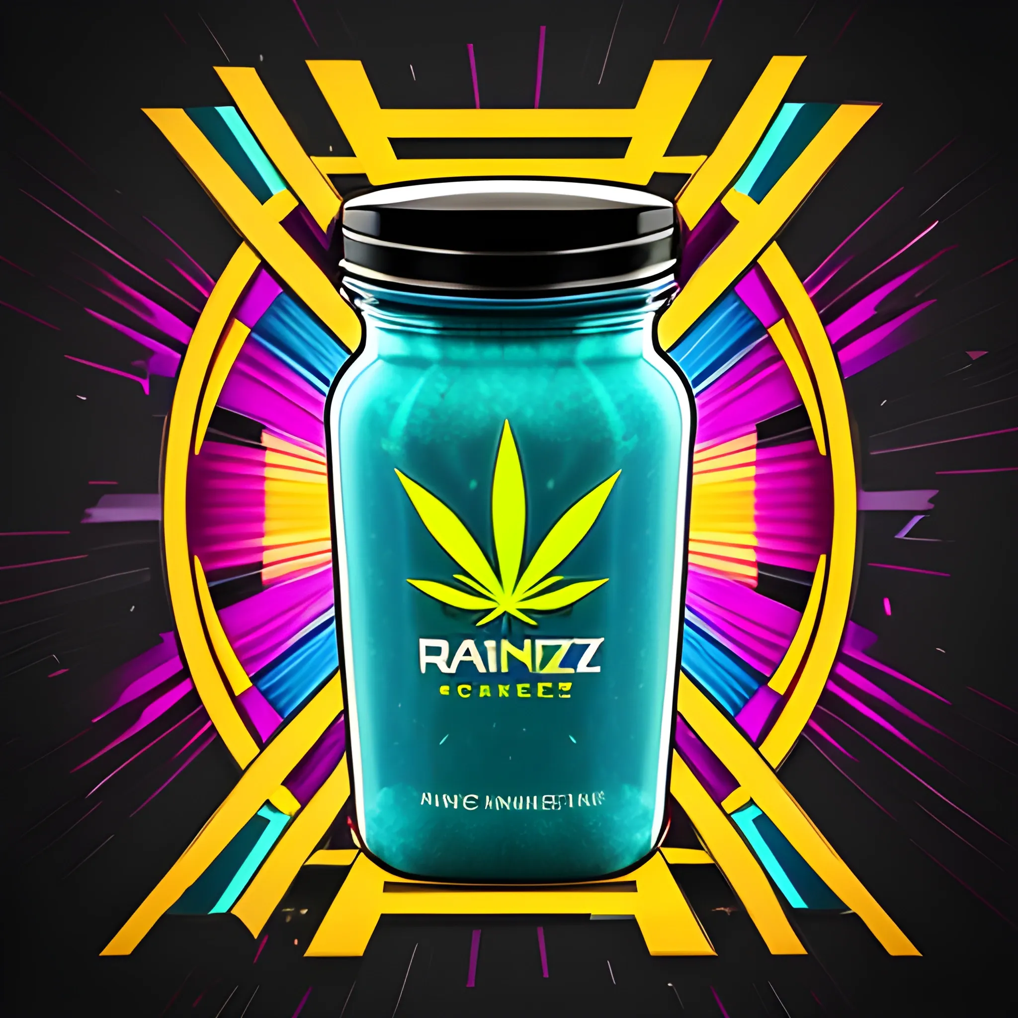 Create a vibrant and edgy label design for 'Rainbow Razz' cannabis jar, targeting a youthful, urban audience. Incorporate elements that reflect a dynamic cityscape, graffiti-inspired artwork, and a sense of nightlife energy. Utilize bold, modern fonts and vivid color schemes to evoke a sense of excitement and style. Emphasize the rebellious and adventurous spirit of the brand, while maintaining a clean and eye-catching layout. Remember to incorporate the 'GEMZ' logo prominently. Get creative with the composition to make it stand out on the shelf and appeal to the young, trendsetting demographic