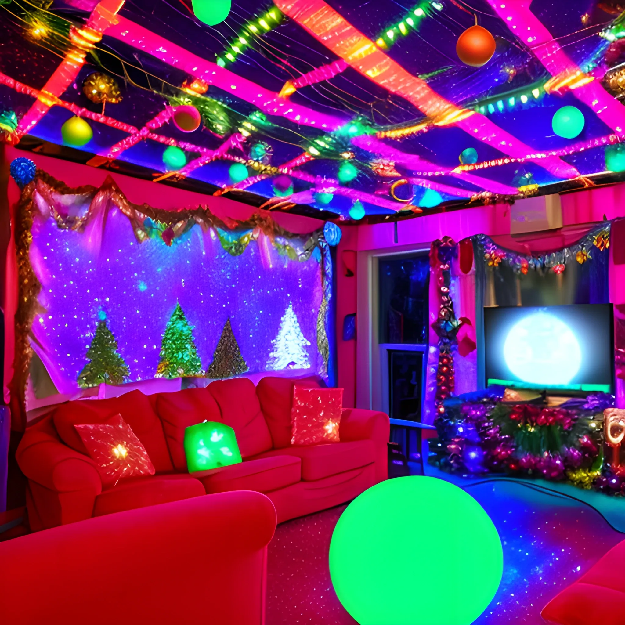 Liminal space disco with christmas decorations