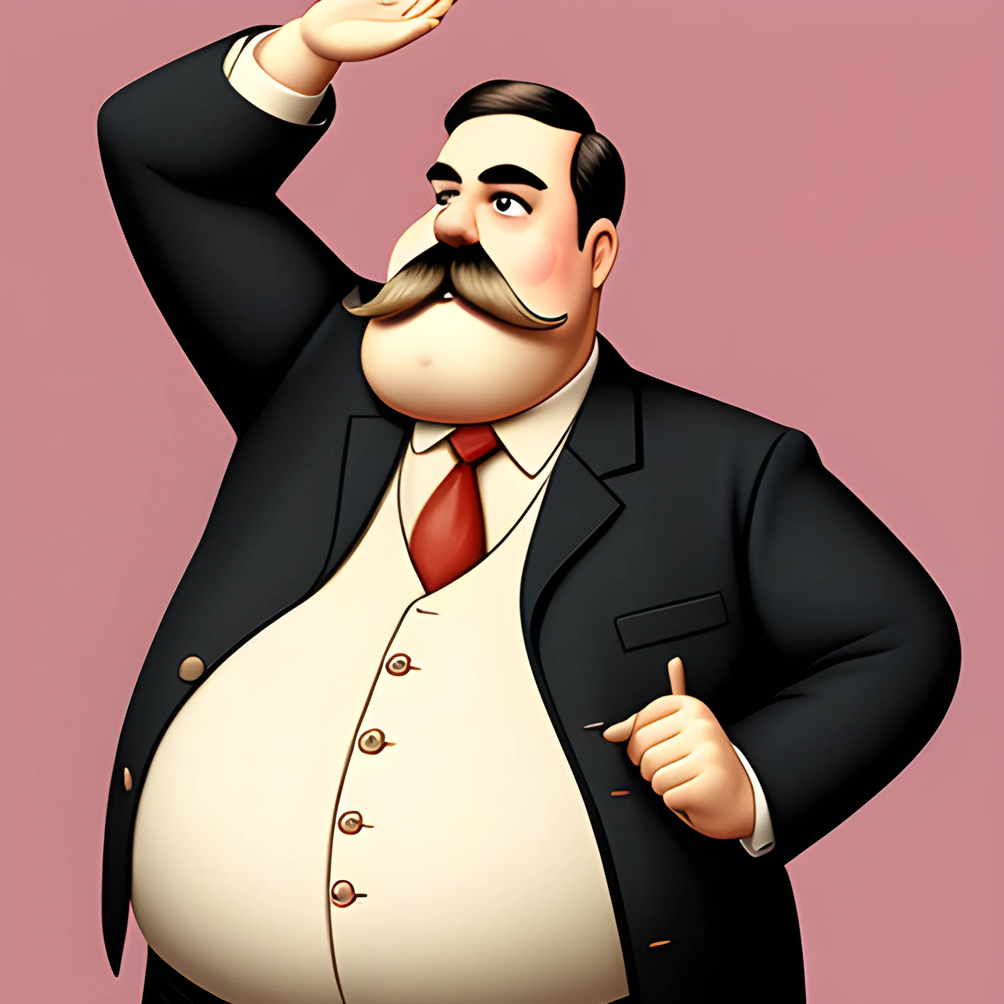 A tall fat man with a mustache is saluting