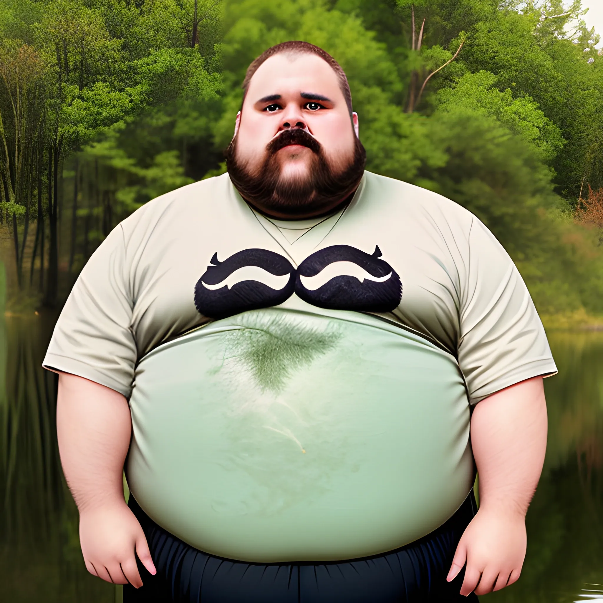 A fat man is holding a football, he has a mustache, he is wearing a fishing shirt