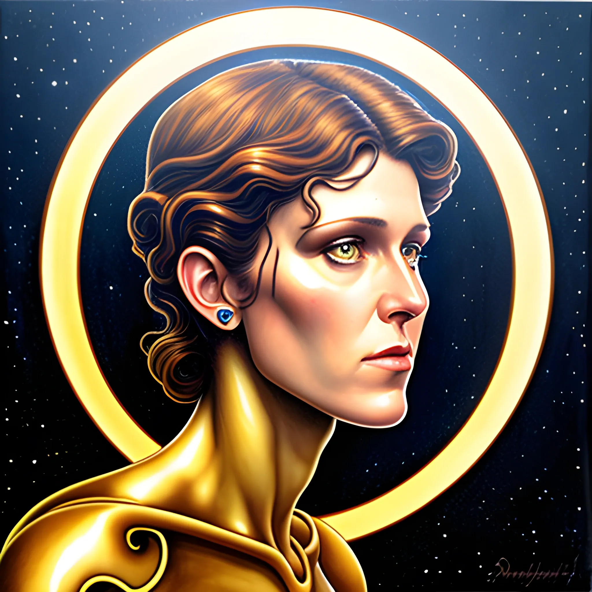 ellen ripley art nouveau 3d realistic, holding a young baby alien, with light halo behind ripley's head, Oil Painting