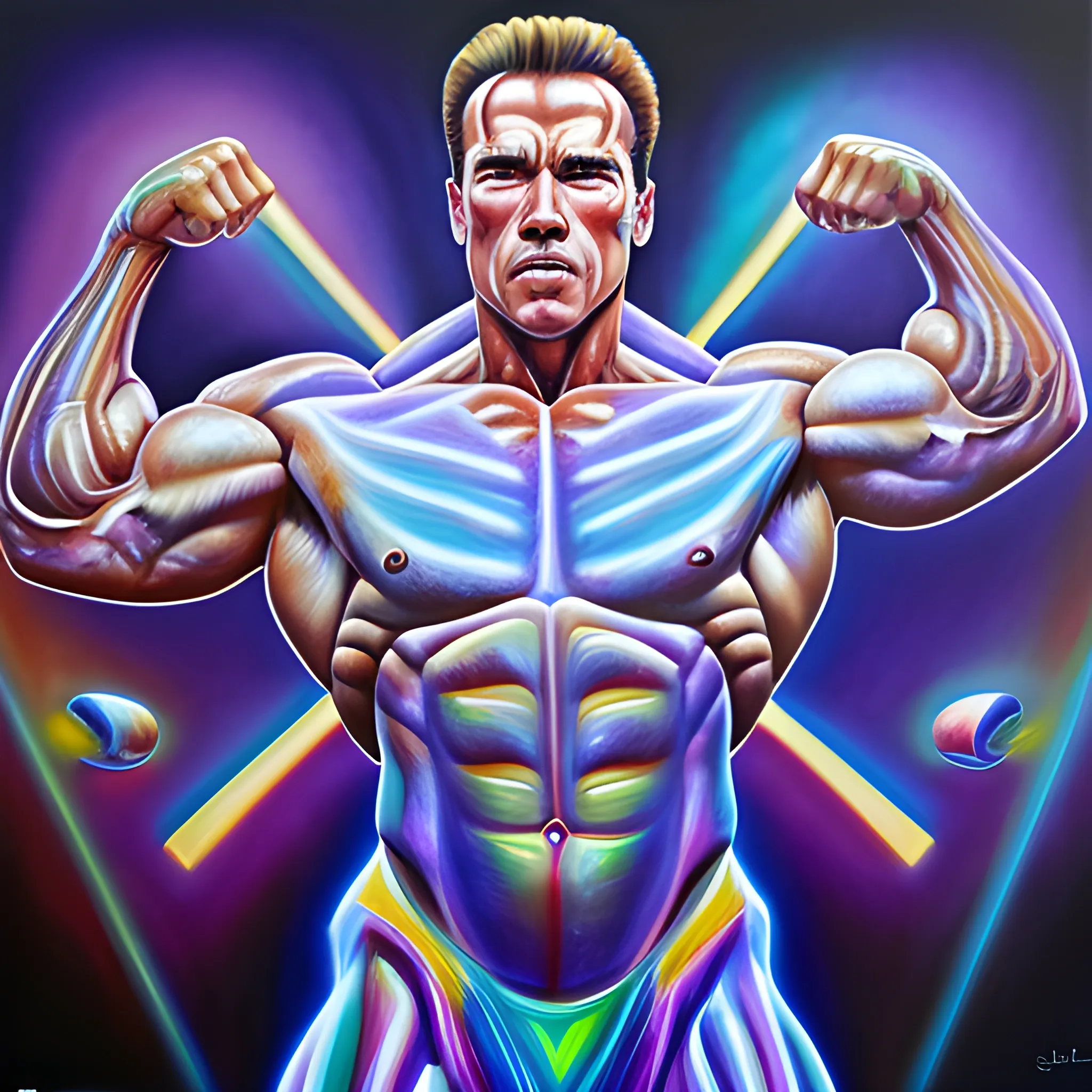 arnold schwarzenegger pose body muscles ascended light halo, 4k , Oil Painting, Trippy