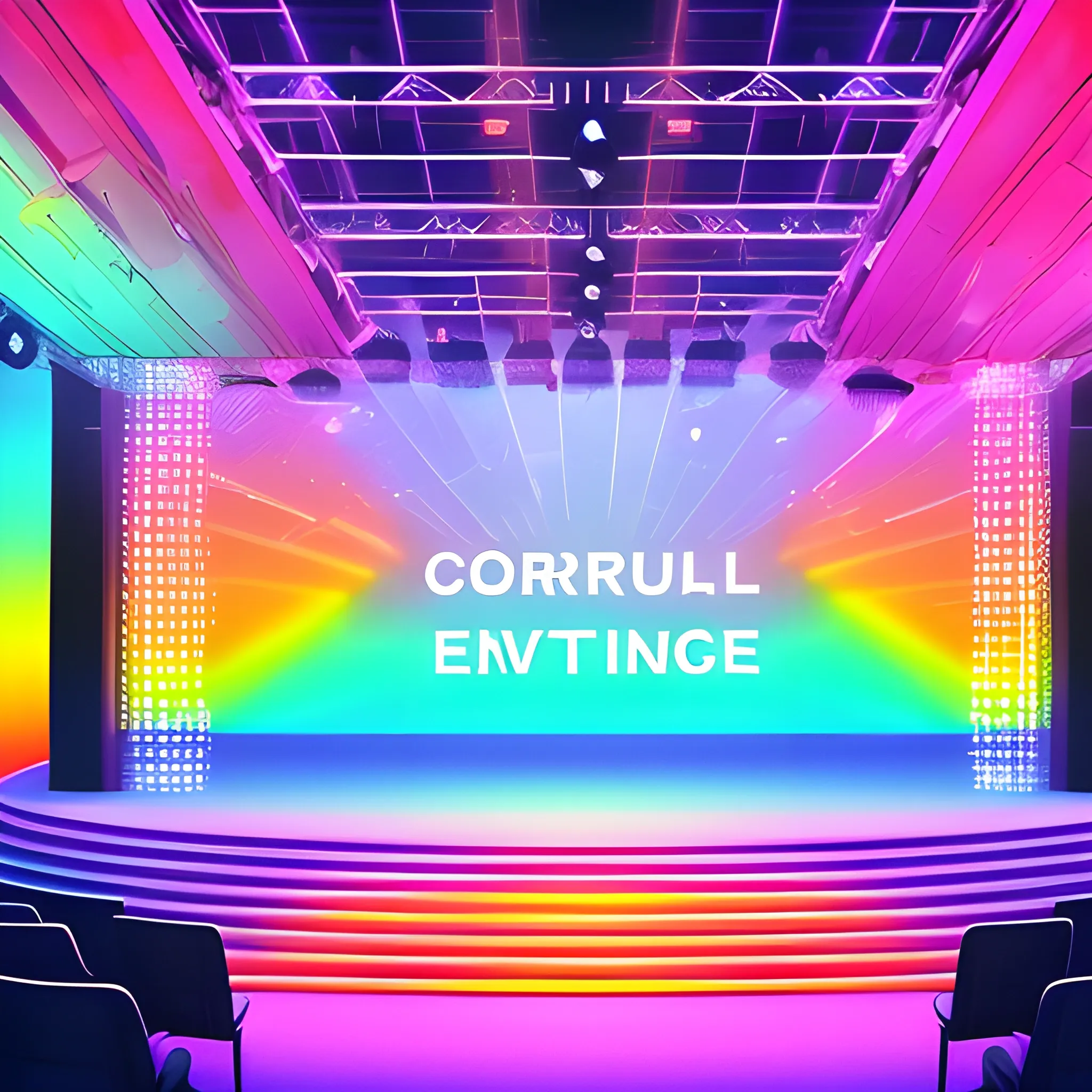 Generate a corporative, future, colorful, modern image, trippy, related to speaking on a stage. Do not use machines or text and use really environment. Make the image clean.