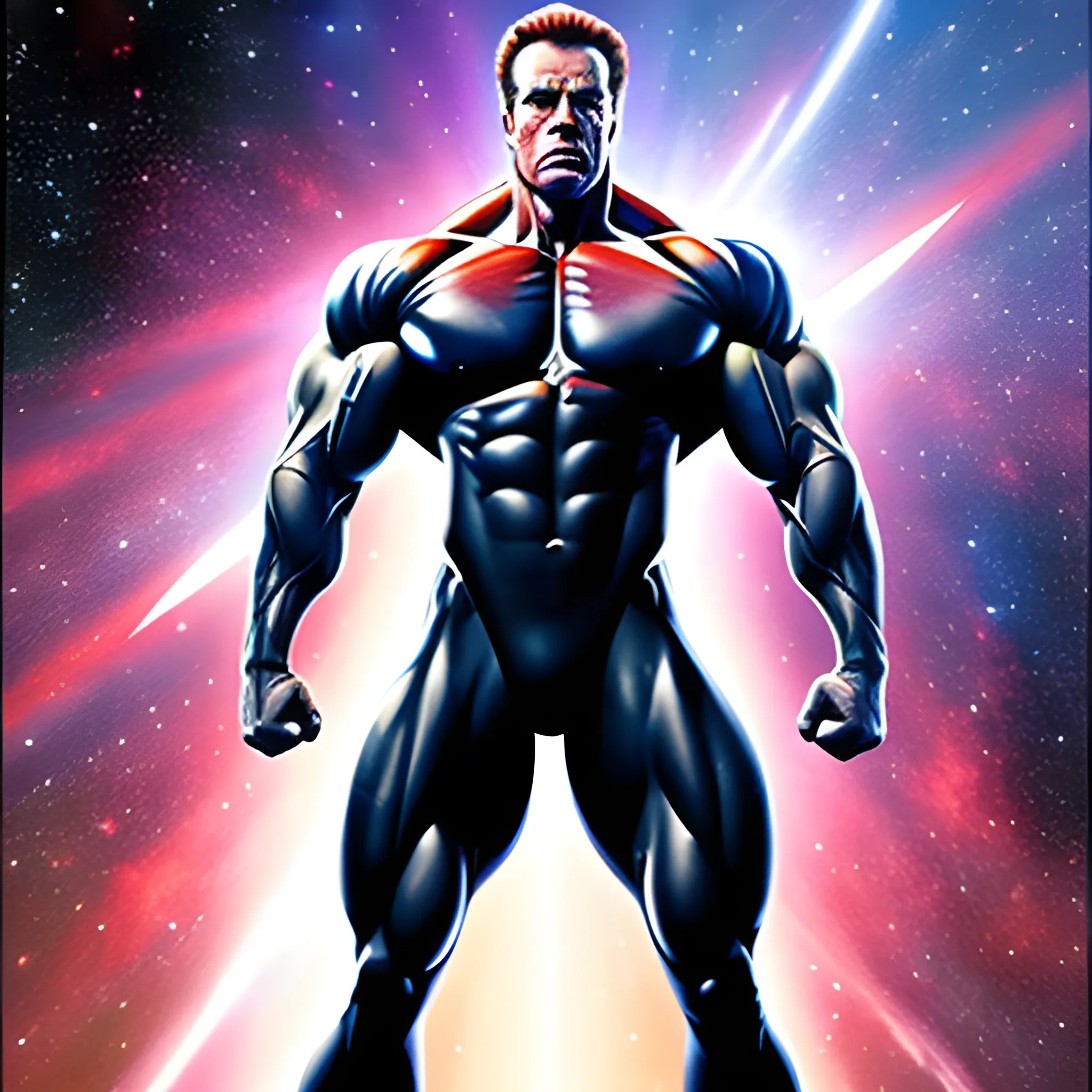 young arnold schwarzenegger pose body muscles, in space, ascended light halo with a beam shooting toward earth, 4k , Oil Painting