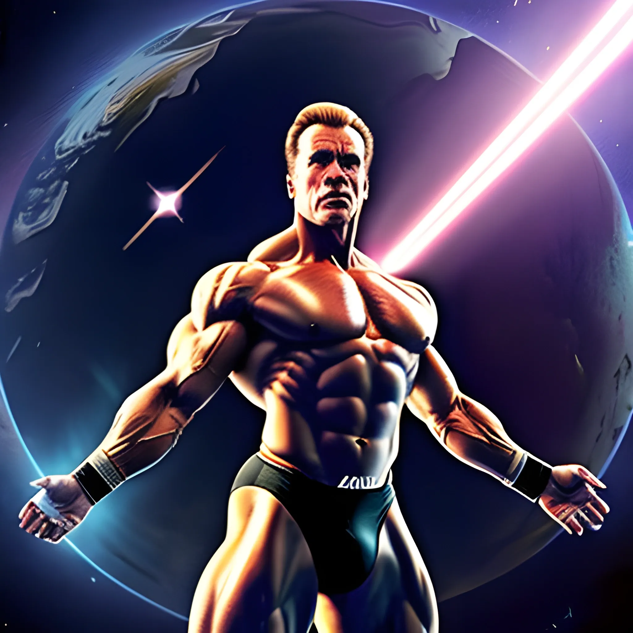 young arnold schwarzenegger pose body muscles, in far earth orbit, ascended light halo with a beam shooting out of his body toward earth, 4k