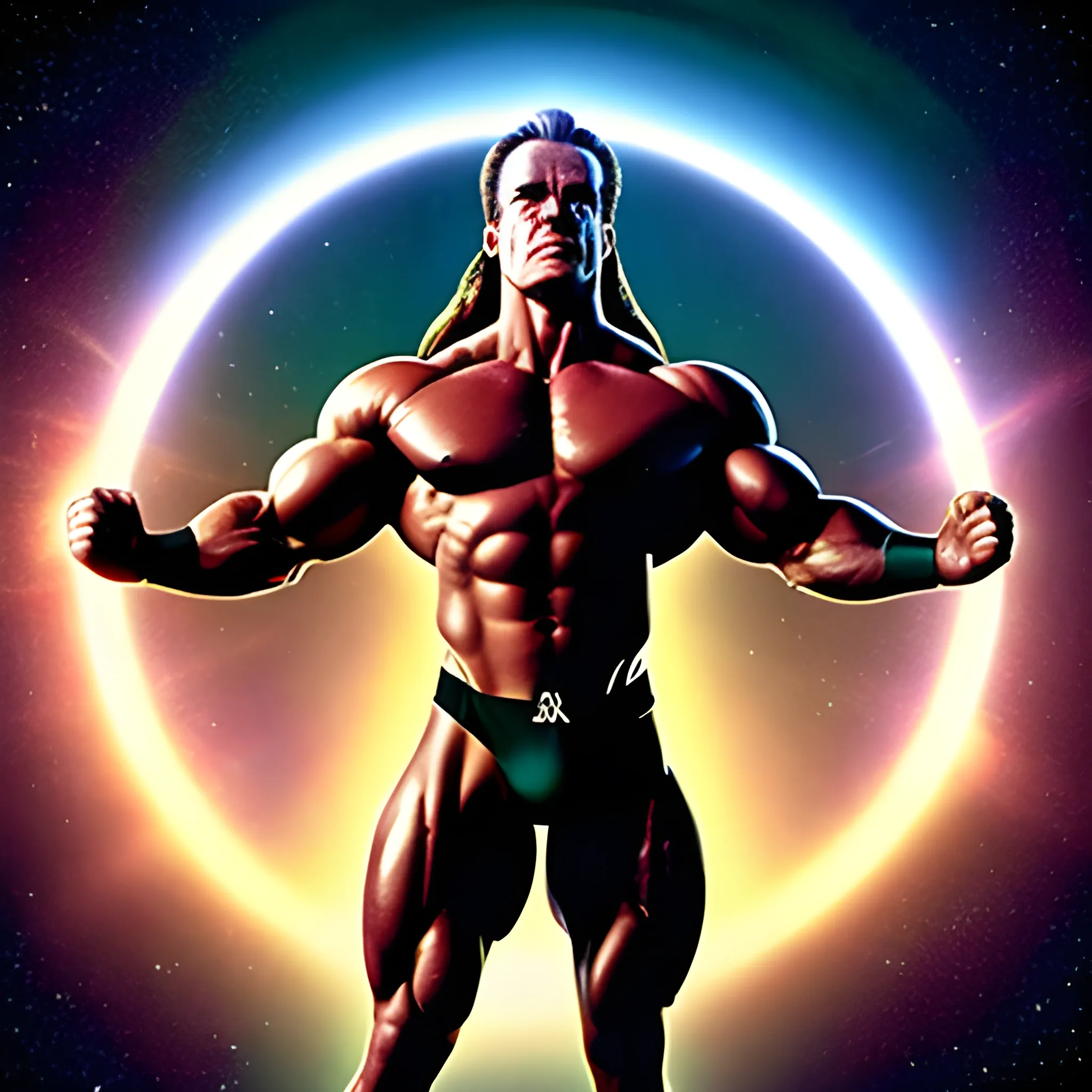 young arnold schwarzenegger pose body muscles, in far earth orbit, ascended light halo with a beam shooting out of his body toward earth, Trippy