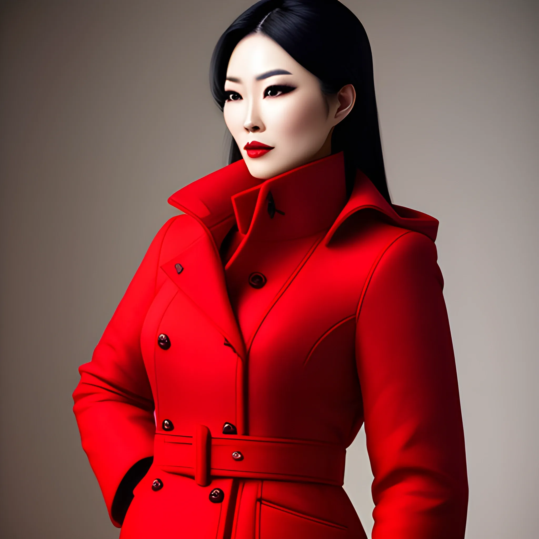Young Asian woman wearing a bright red coat, nostalgic atmosphere, luxury high-definition photography