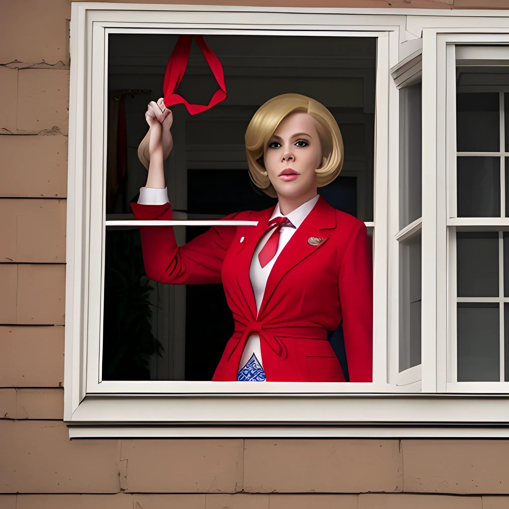 
A man dressed as a female president, wearing a red two-piece suit, a short blonde wig, and a presidential sash. Look through the window