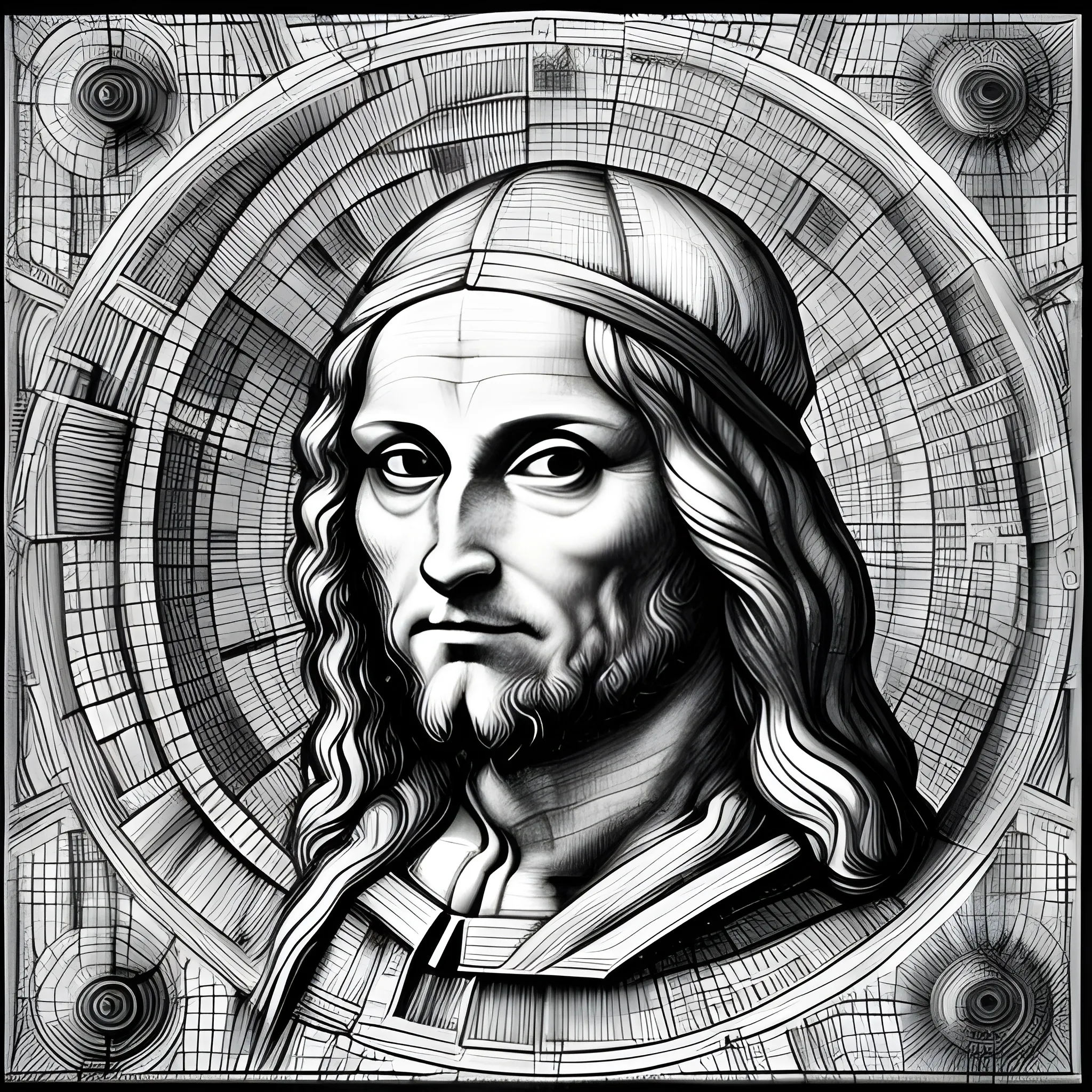 Generate a corporative, future, colorful, modern image, creative, related to digital products, use Leonardo da Vinci's drawing style, do not use machines or txt and use really environment, with this concept: “Polymath thinkers of the future, Leonardo da Vinci in our times”., Trippy, Pencil Sketch