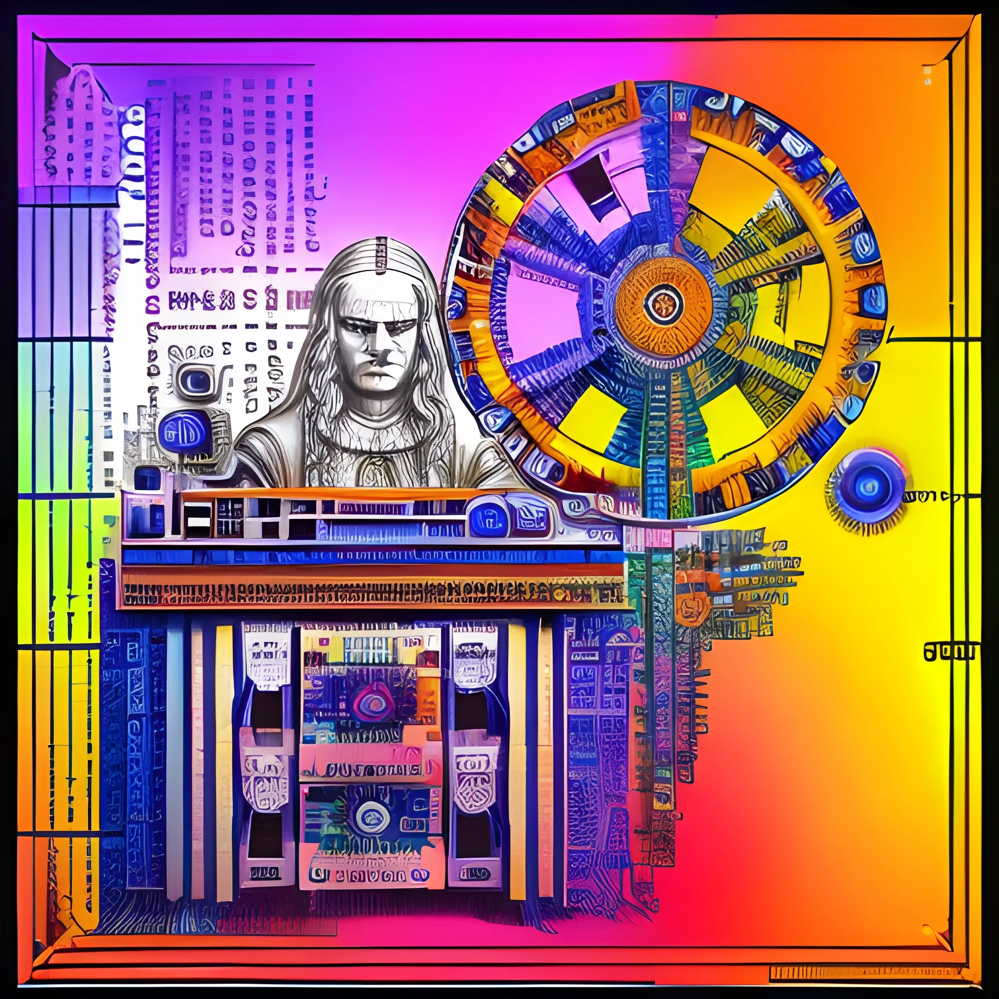 Generate a corporative, future, colorful, modern image, creative invention, related to digital products, Leonardo da Vinci using modern technology, do not use machines or txt and use really environment,Trippy
