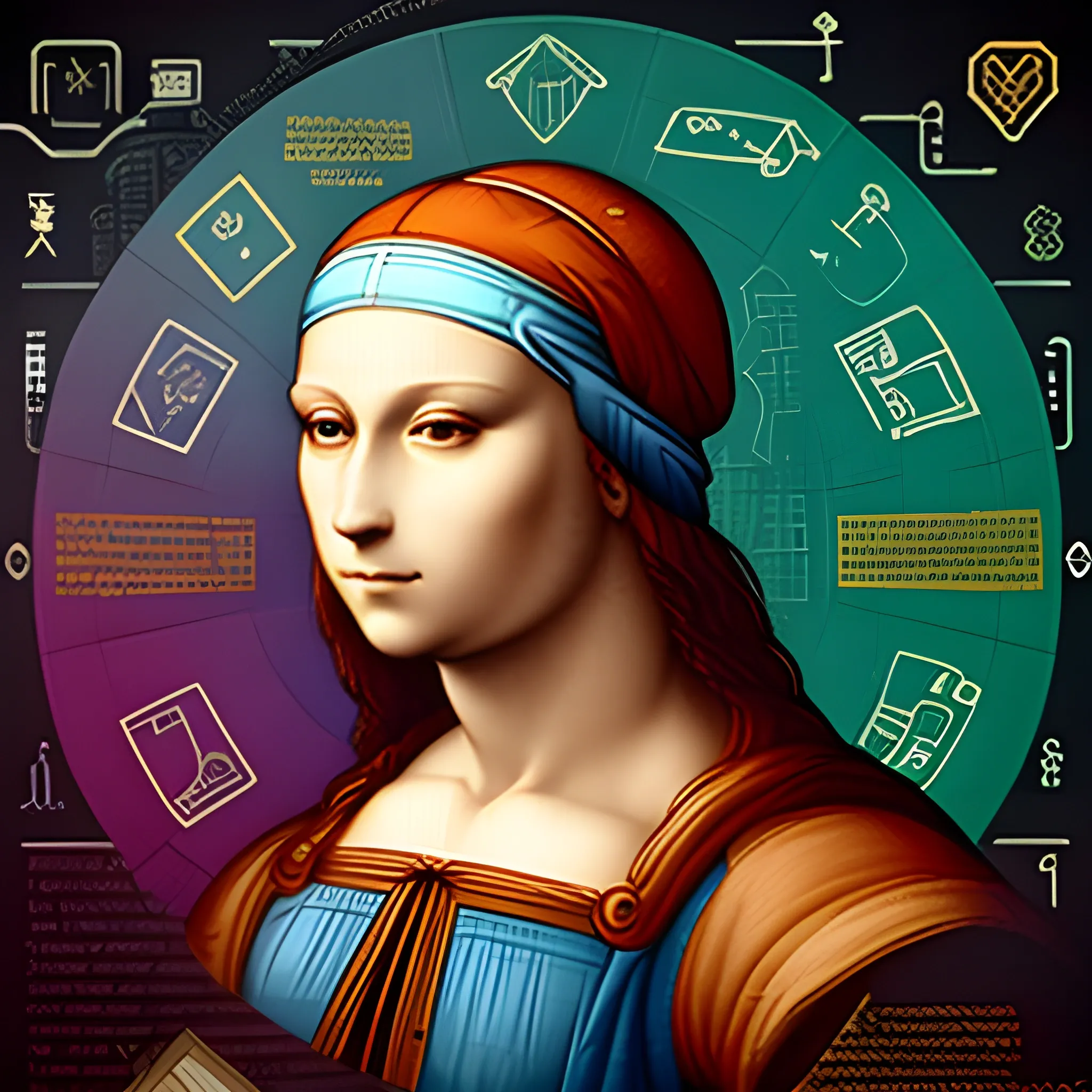 Generate a corporative, future, colorful, modern image, creative invention, related to digital products, Leonardo da Vinci as a millennial, do not use machines or txt and use really environment,Trippy