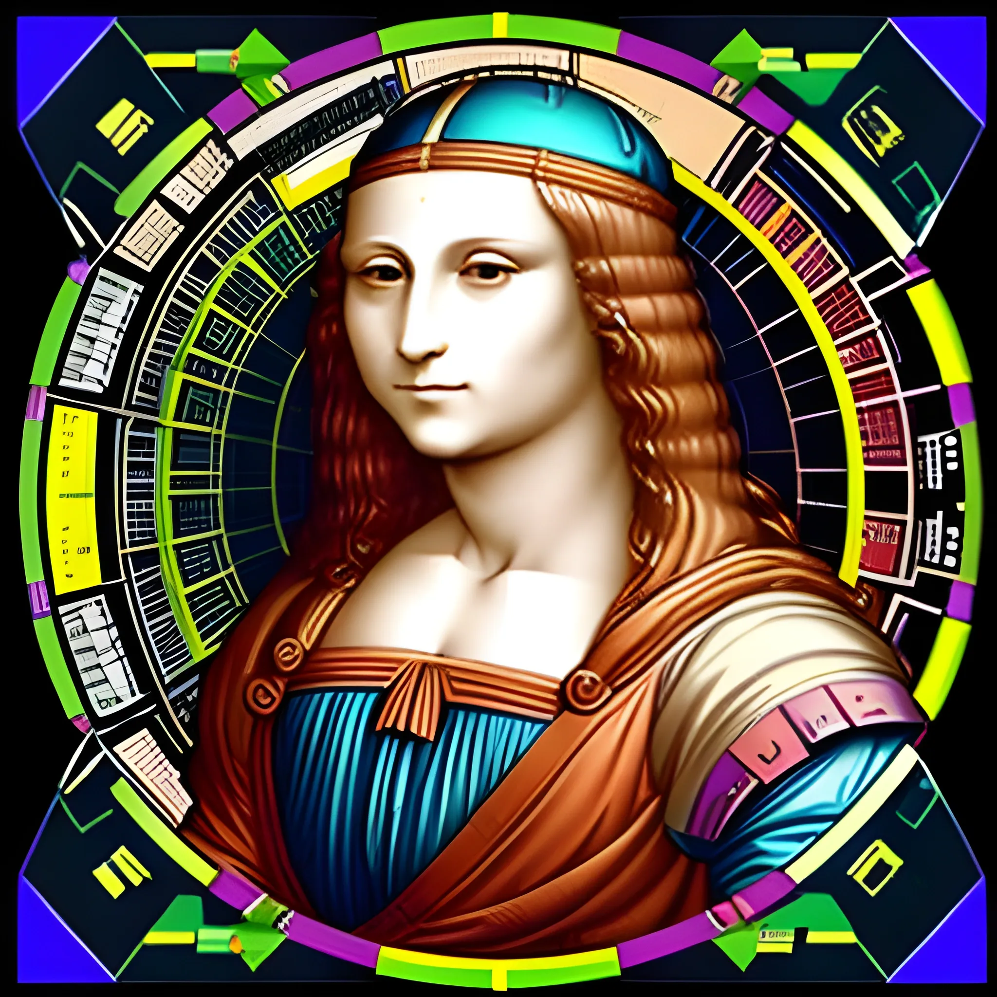 Generate a corporative, future, colorful, modern image, creative invention, related to digital products, Leonardo da Vinci as a millennial, do not use machines or txt and use really environment,Trippy