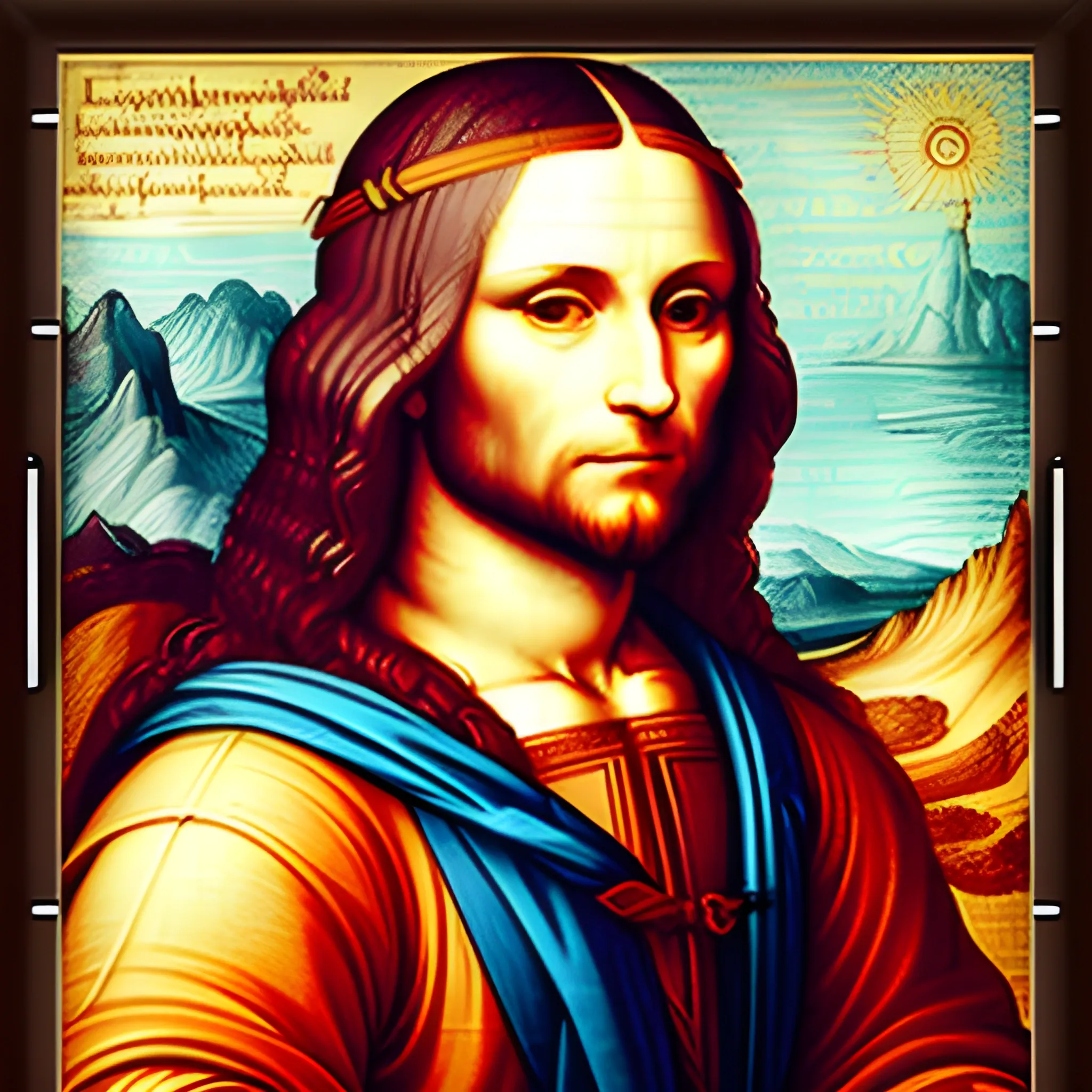 Generate a corporative, future, colorful, modern image, creative invention, related to digital products, Leonardo da Vinci self portrait, do not use machines or txt and use really environment,Trippy