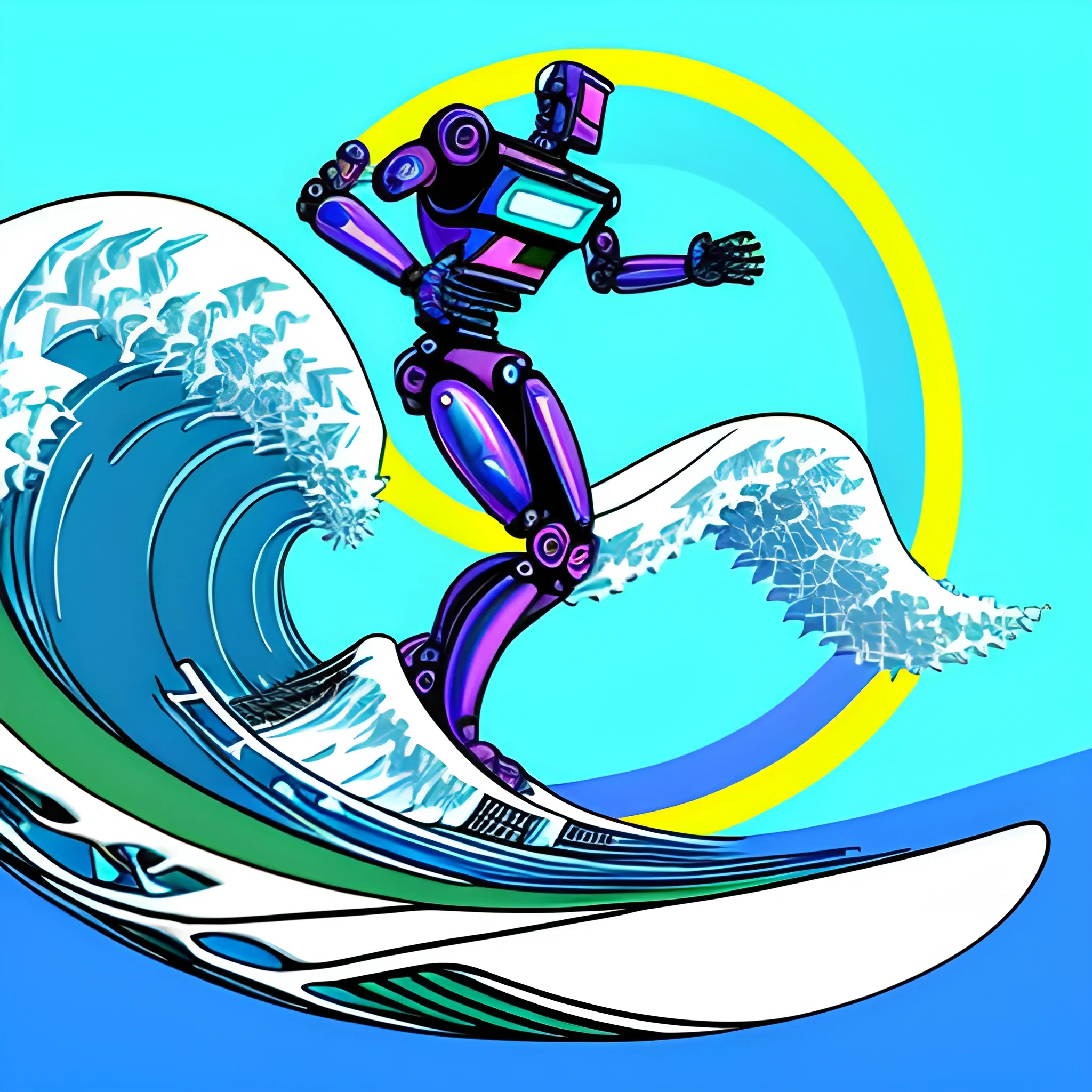 Generate a corporative, future, colorful, modern image, trippy, related to digital products, do not use machines, do not use txt and use really environment with this concept: "robot and designer surfing digital wave"