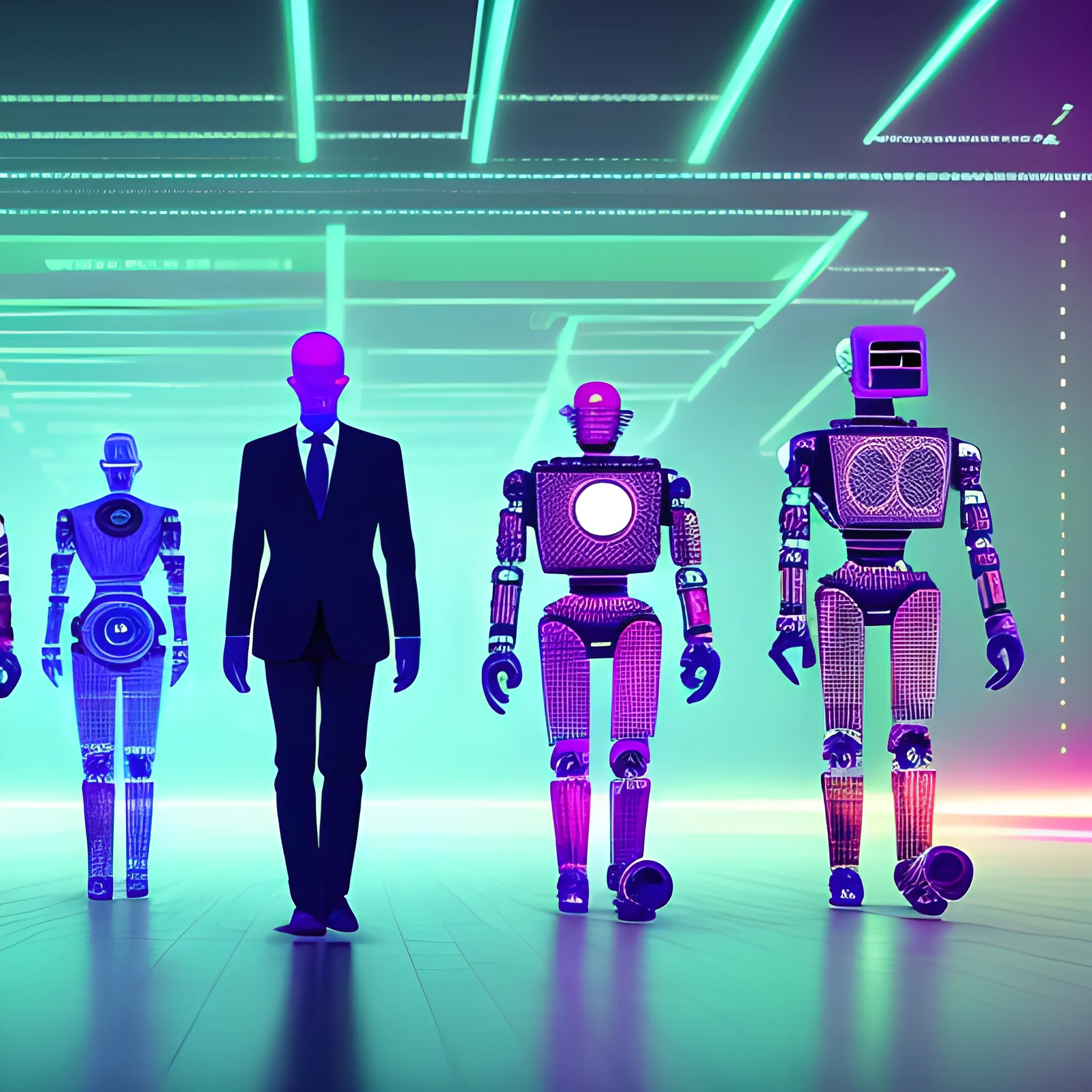 Generate a corporative, future, colorful, modern image, trippy, related to digital products, do not use machines, do not use text and use really environment with this concept: "robot walking alongside human executives"