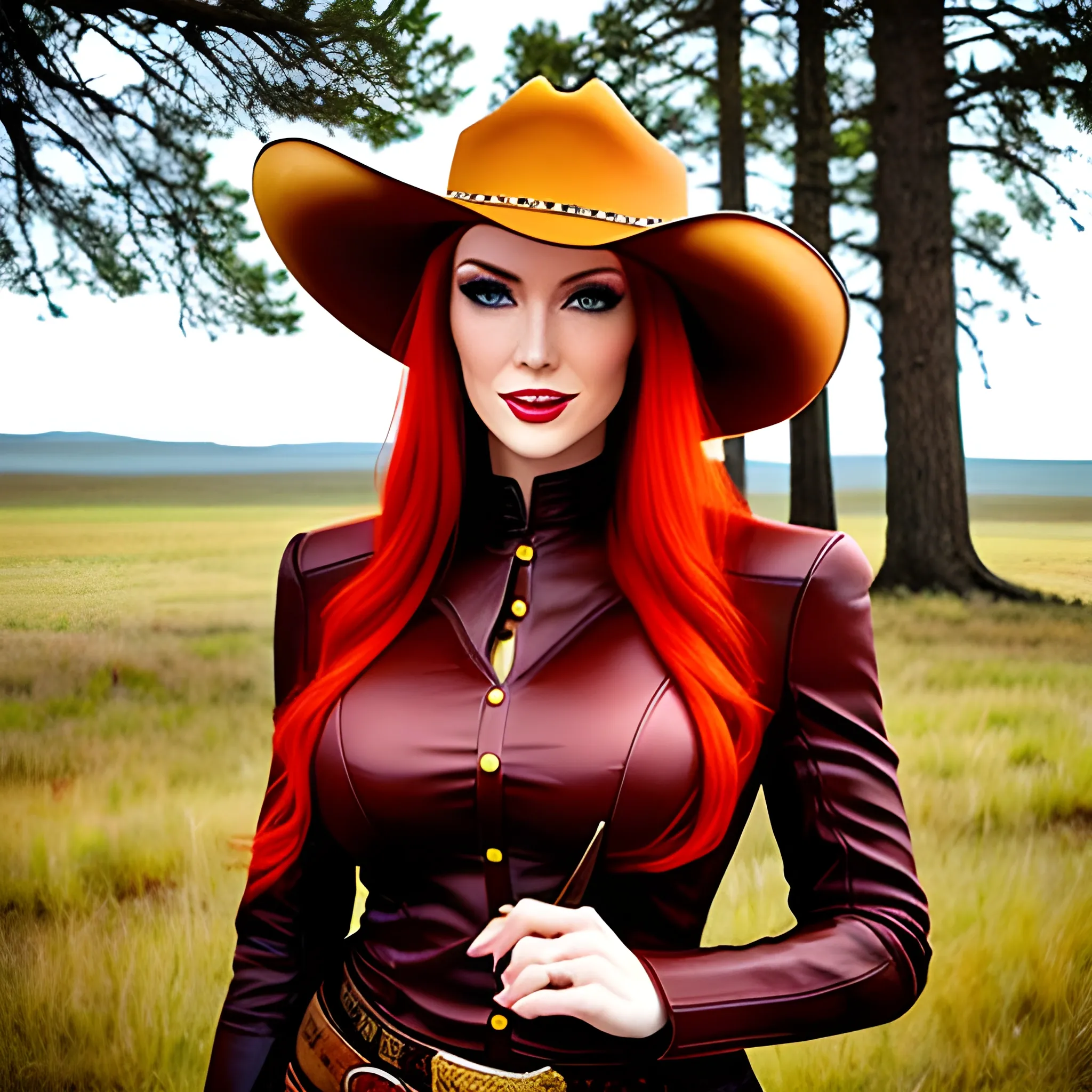 beautiful girl, red hair, green eyes, wearing cowboy hat