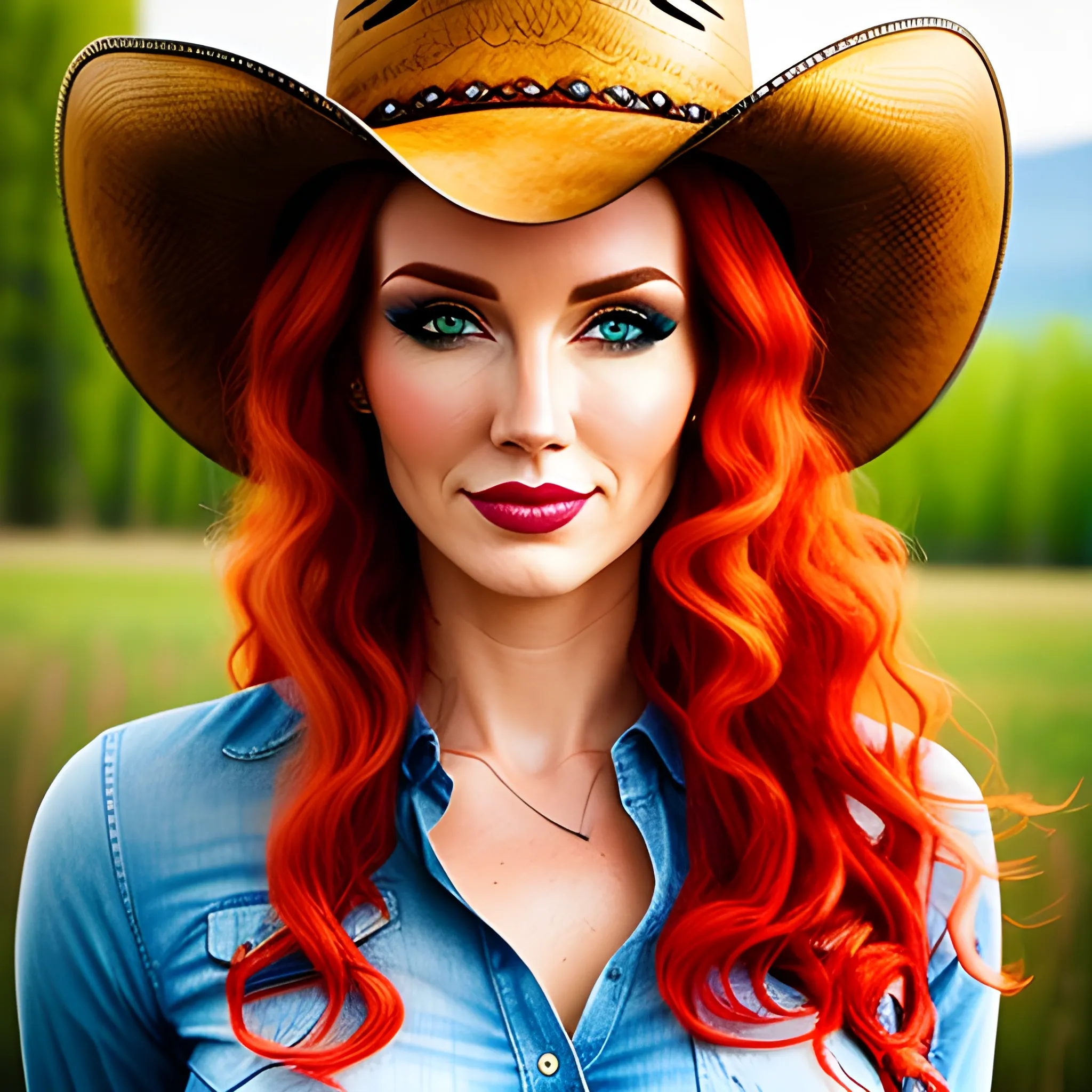 beautiful girl, curly red hair, green eyes, wearing cowboy hat, Water Color