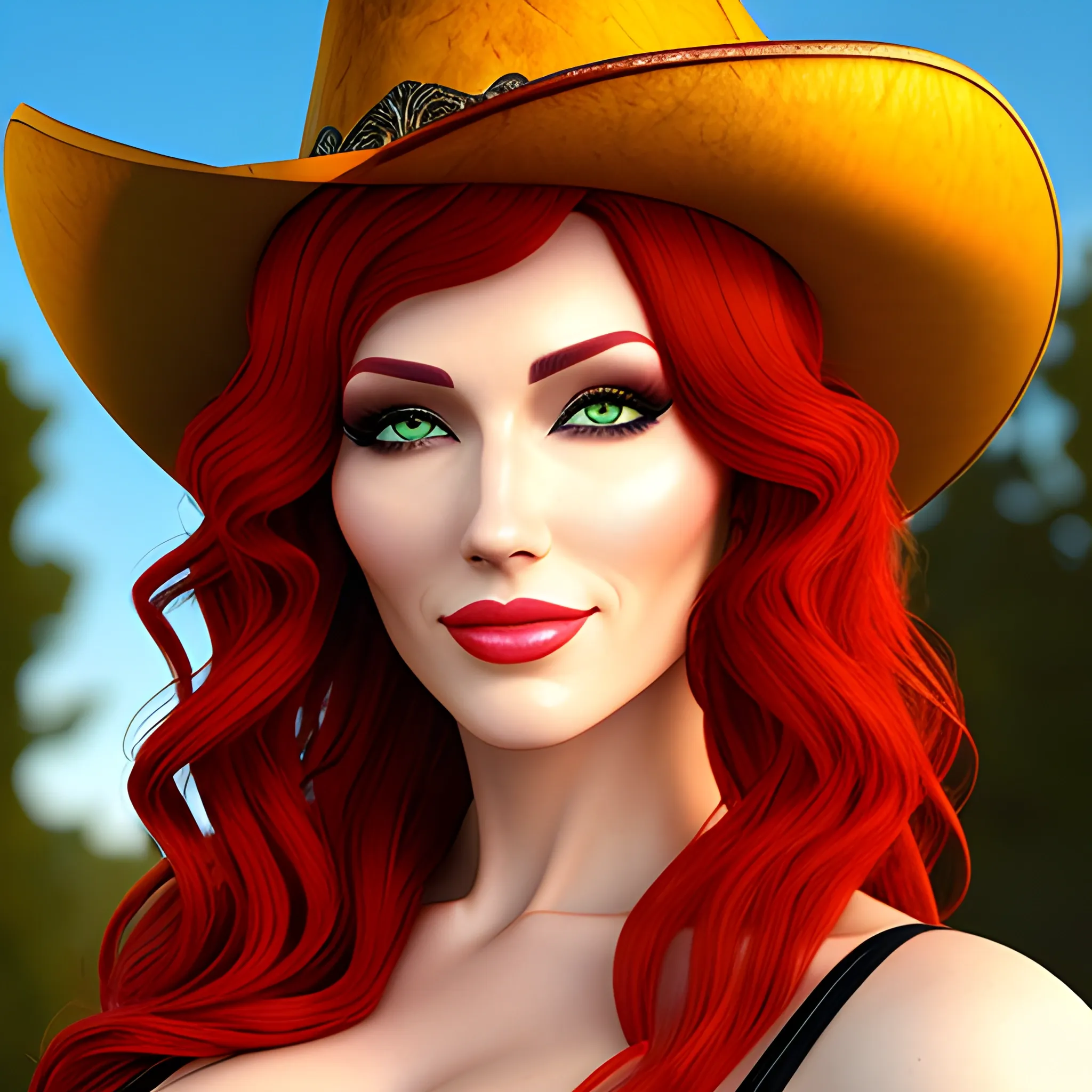 beautiful girl, curly red hair, green eyes, wearing cowboy hat, 3d
