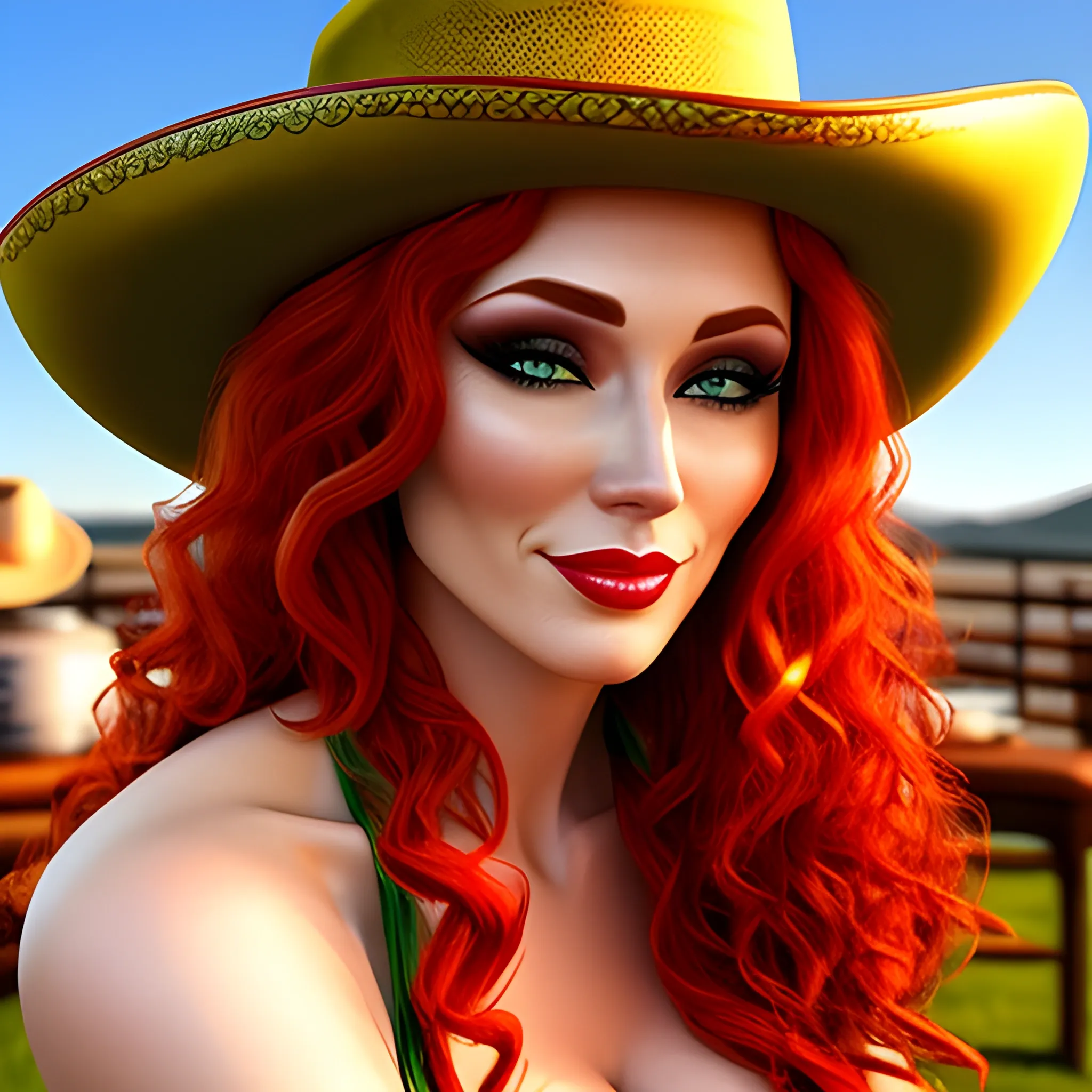beautiful girl, curly red hair, green eyes, wearing cowboy hat, drinking beer, 3d
