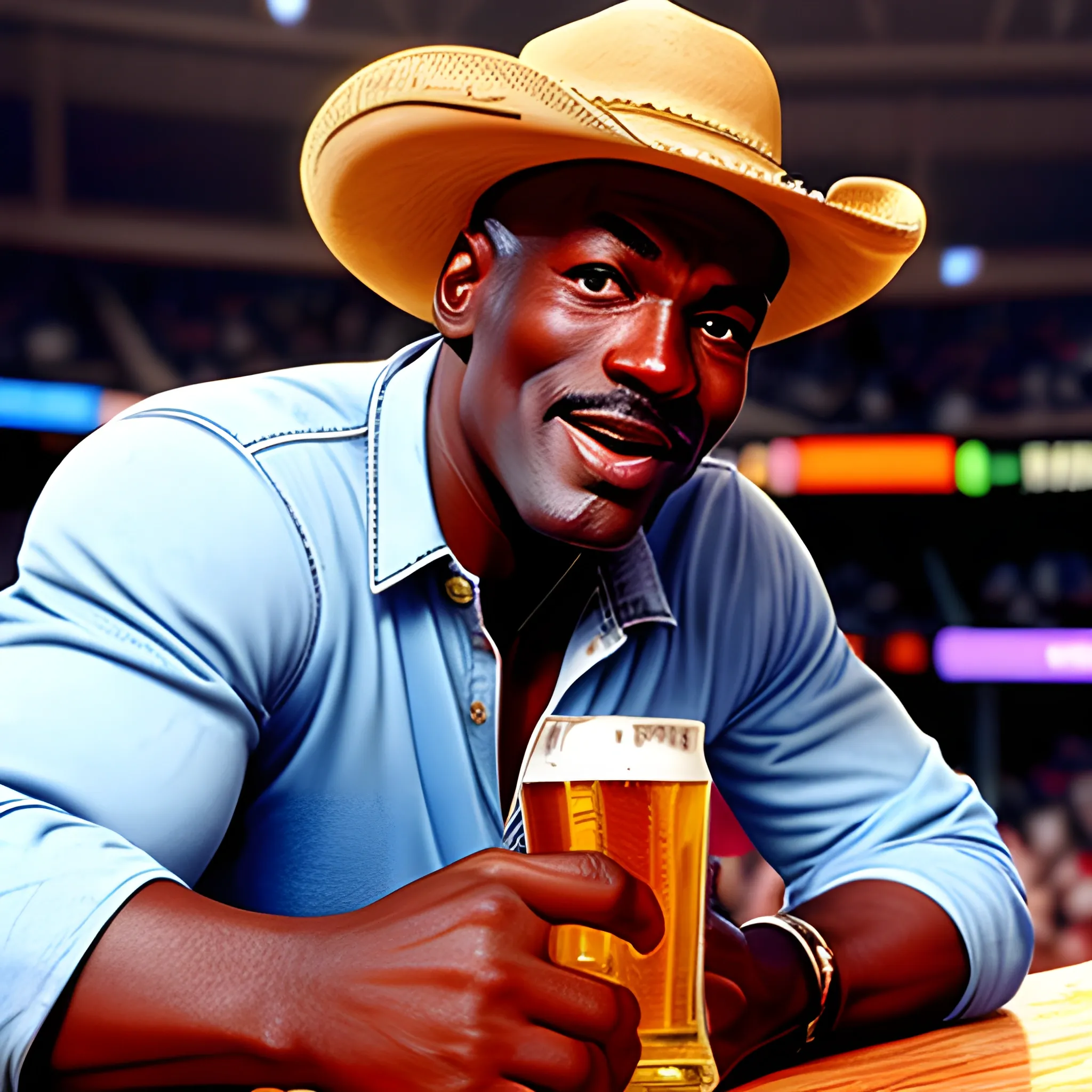 michael jordan, wearing cowboy hat, drinking beer, 3d
