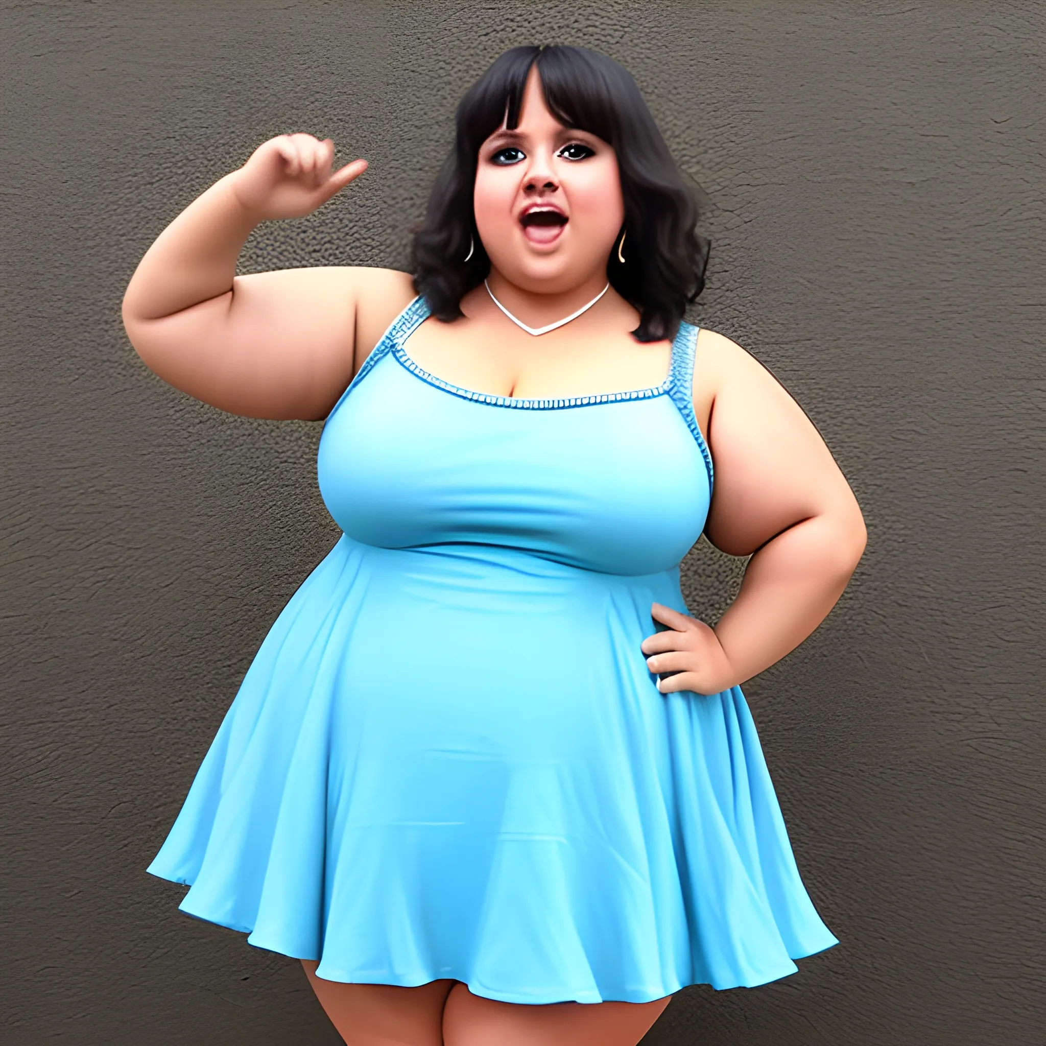 A chubby latina is dancing, she is wearing a very short dress 