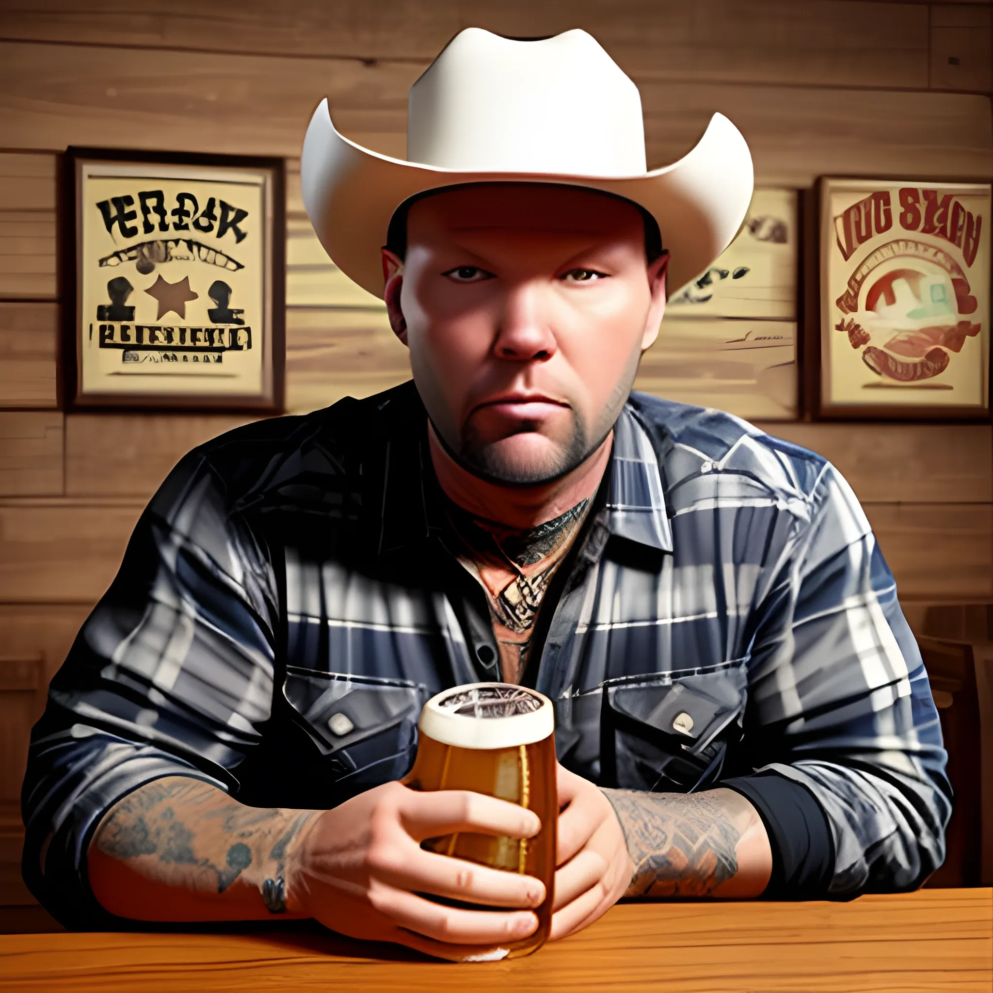 fred durst, wearing cowboy hat, drinking beer, 3d
