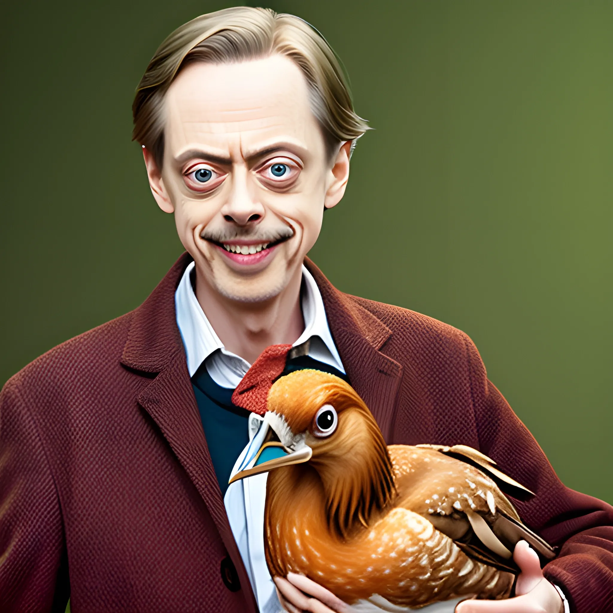 Steve Buscemi is holding a turkey by the neck, Steve Buscemi is laughing