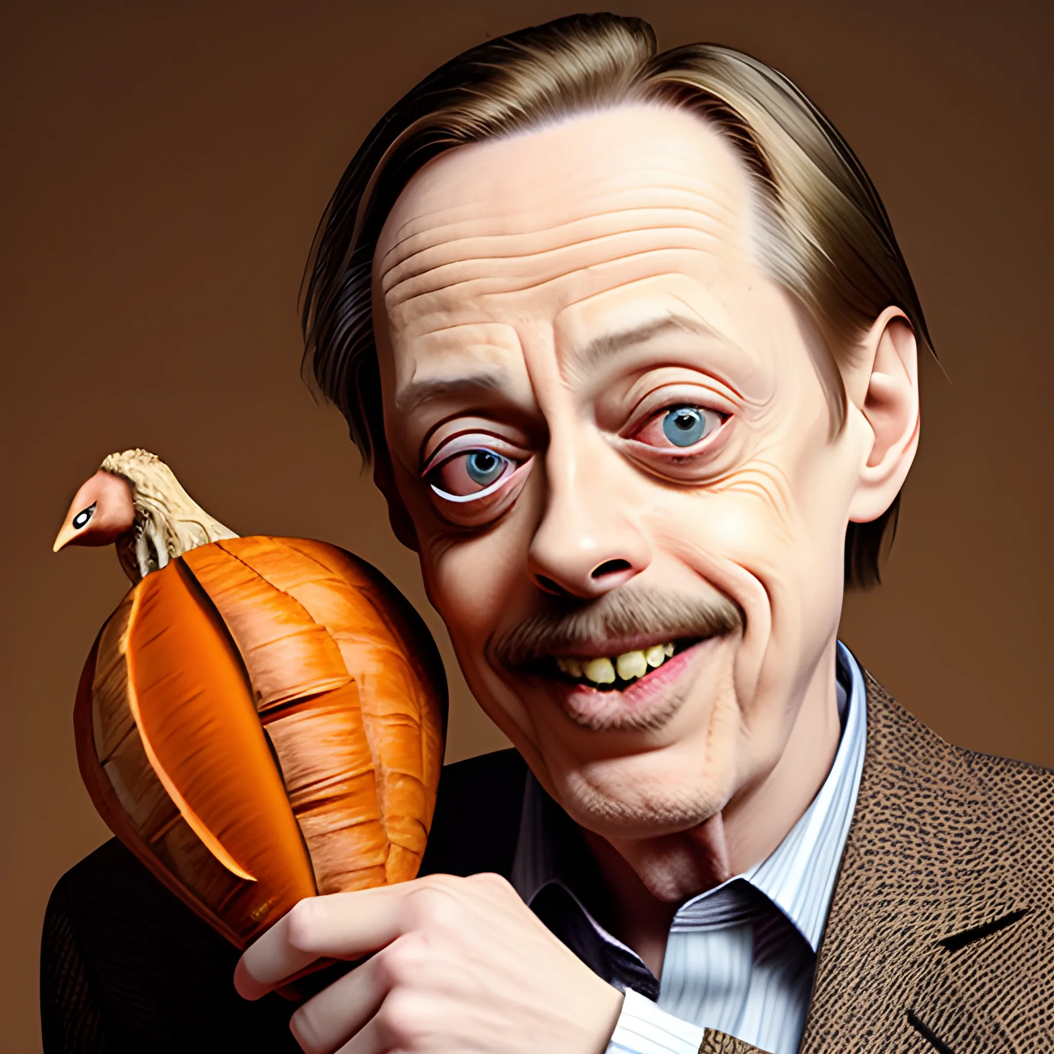 Steve Buscemi is holding a turkey and a yam, Steve Buscemi is laughing