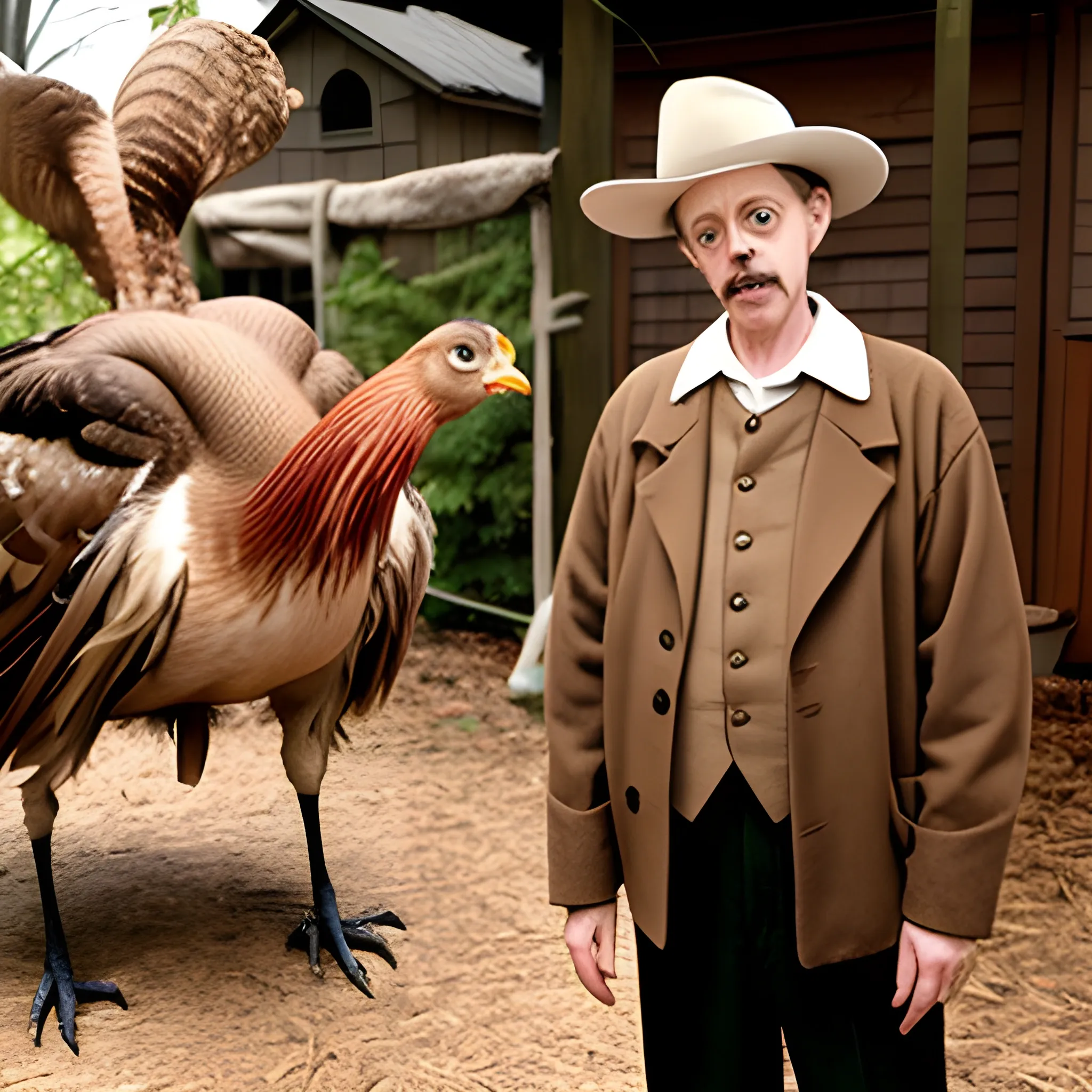 Steve Buscemi is standing next to a turkey, Steve Buscemi is wearing a pilgrim outfit