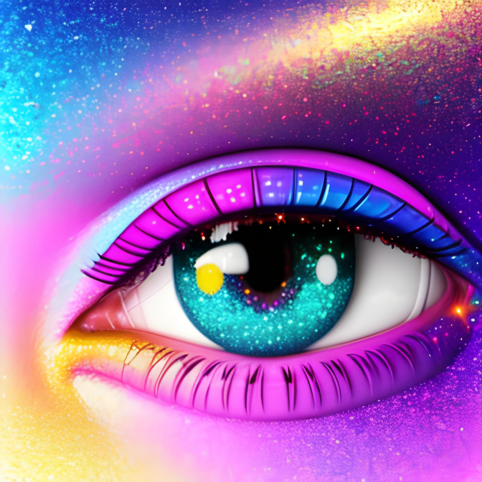 “Colorful image, eyes, glitter, sparks, soft colors, futuristic ...