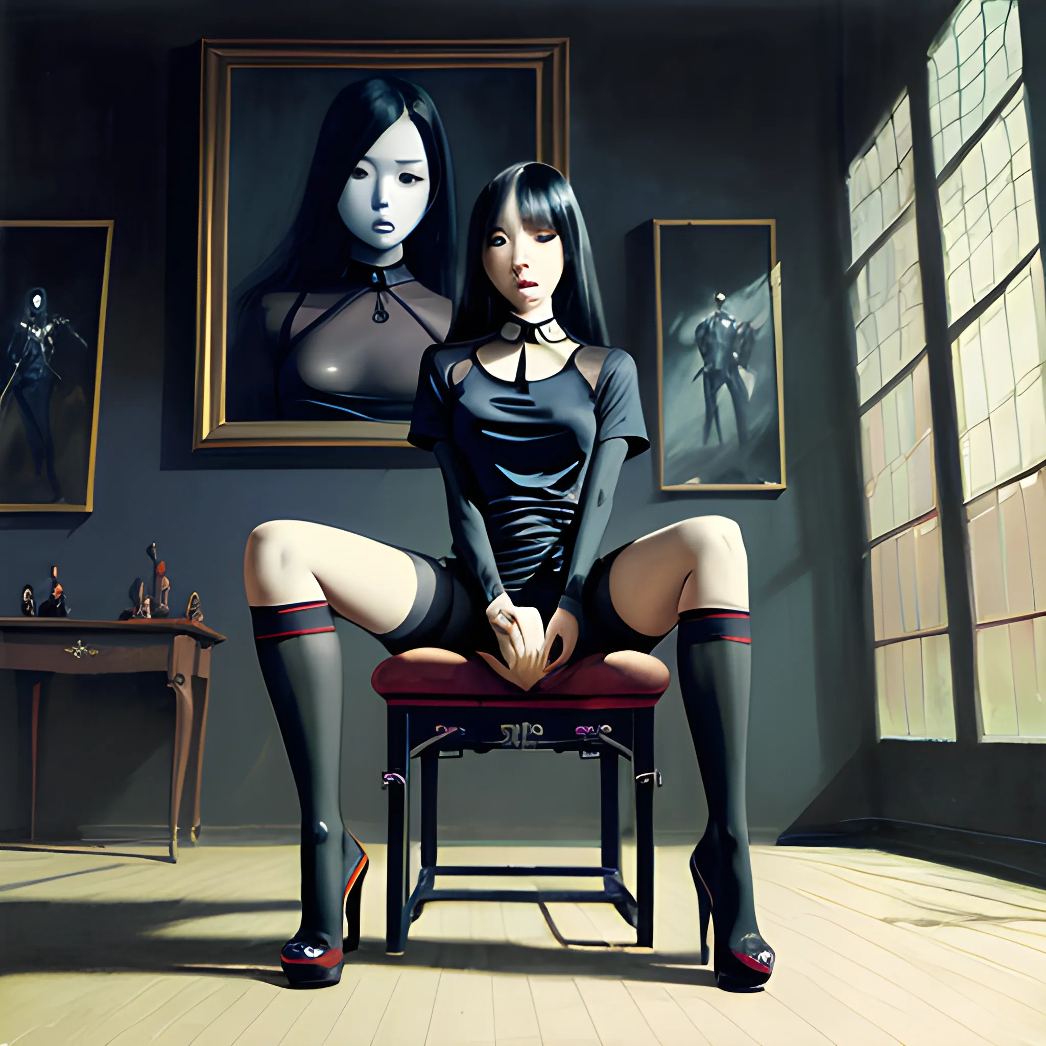 dark painting, intensive colors, court, casual fashion shot of a sexy korean cheap damsel wearing stockings ,   longhaired, symmetric face, manga eyes,  full figure, fit,  tight shirt, choker, legs, knees, high heels, sitting on the royal throne, sinister art by Greg Rutkowski, Oil Painting