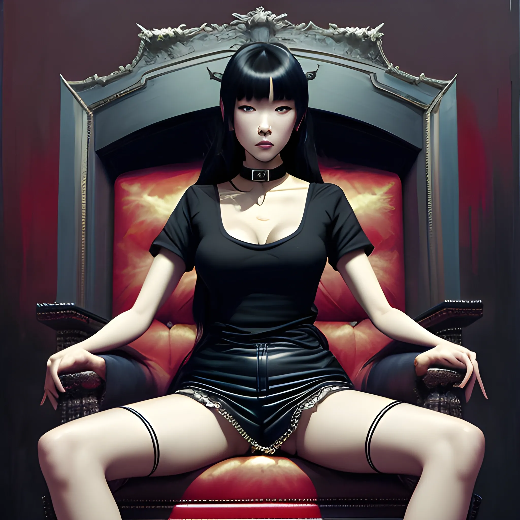 dark painting, intensive colors, court, casual fashion shot of a sexy korean cheap damsel wearing stockings ,   longhaired, symmetric face, manga eyes,  full figure, fit,  tight shirt, choker, legs, knees, high heels, sitting on the royal throne, sinister art by Greg Rutkowski, Oil Painting