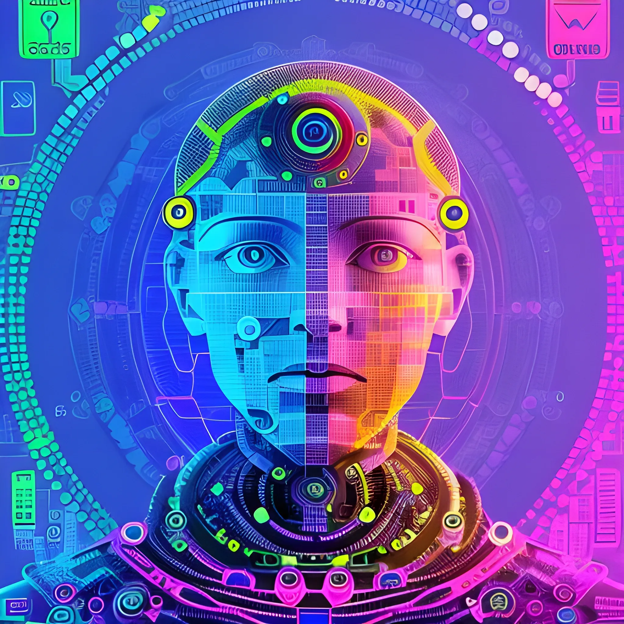 generate a corporative, future, colorful, modern image with this concept: Maintaining human agency in the age of AI
, Trippy, related to digital products. do not use machines. Use really envirment. Do not use text