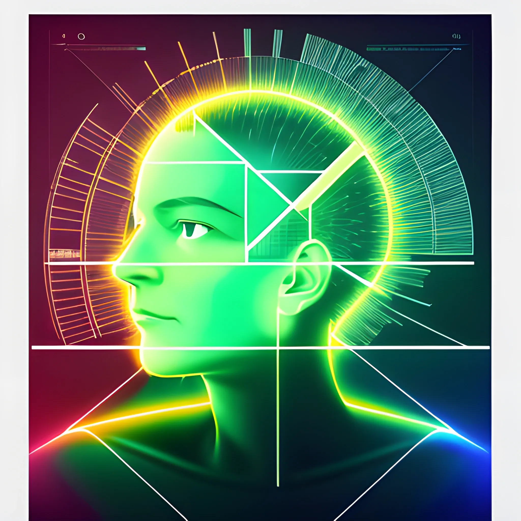 data visualization expert portrait connected to futuristic sankey chart with star behind in neon bauhaus style
