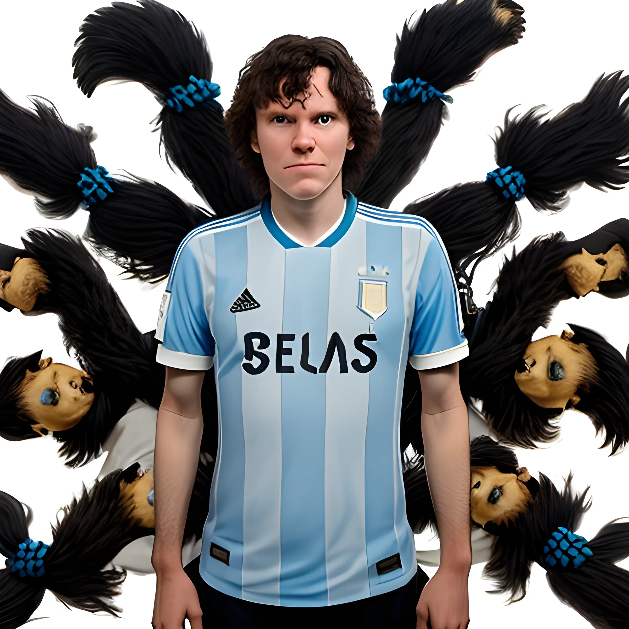 Javier Milei with the argentinean soccer jersey with a bunch of lions behind with bronken chains in their arms
